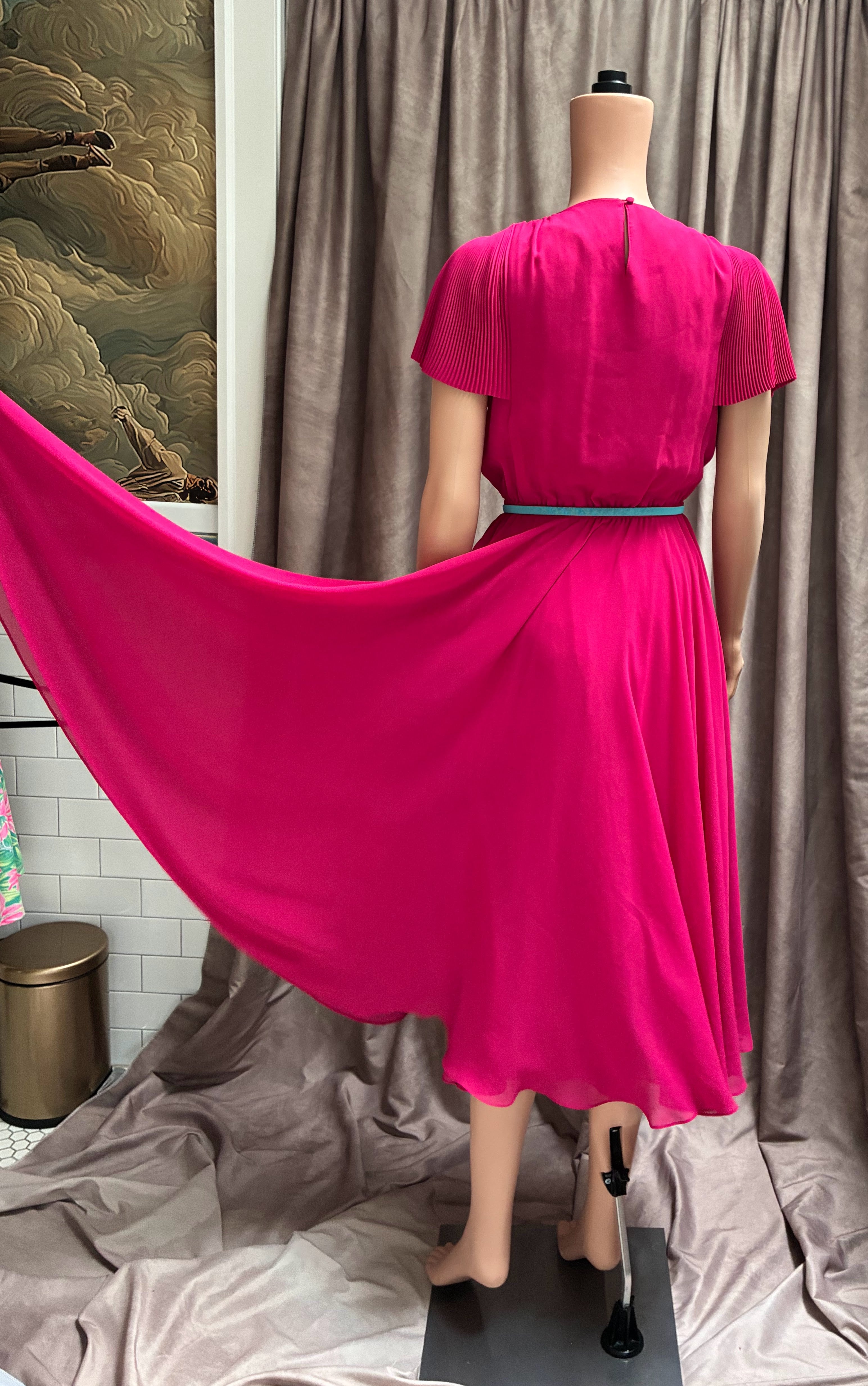 Vintage Pierre Cardin Paris NYC Boutique Neon Fuchsia Chiffon Maxi Dress | Size 4