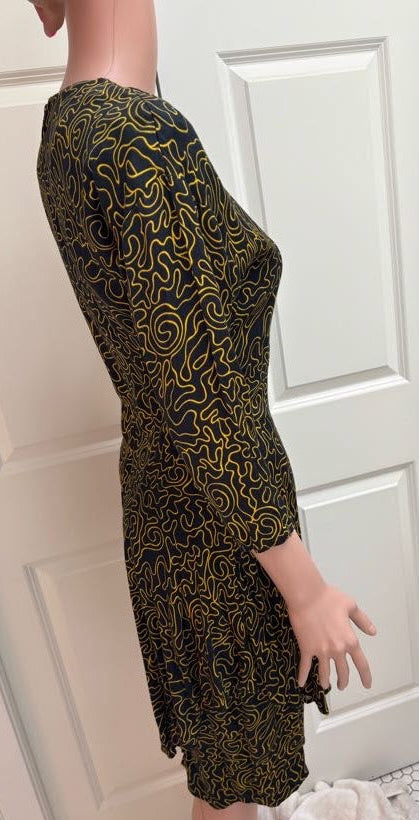 Vintage 1980s Keith Haring-Inspired Black & Yellow Peplum Bodycon Dress | Shoulder Pads | Size 8