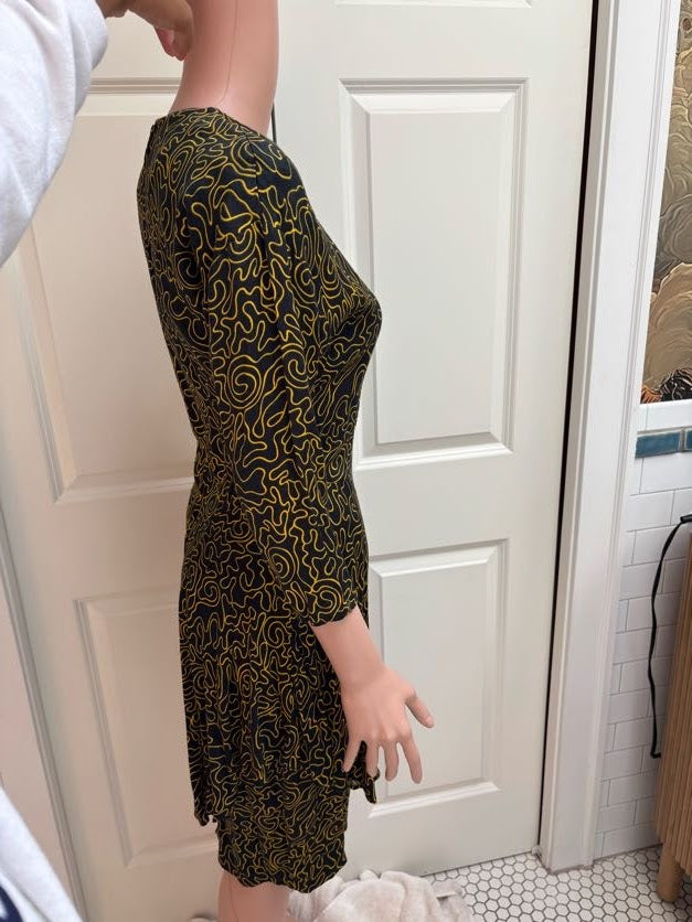 Vintage 1980s Keith Haring-Inspired Black & Yellow Peplum Bodycon Dress | Shoulder Pads | Size 8