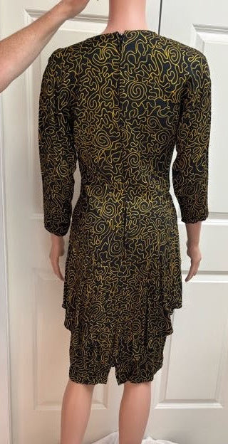 Vintage 1980s Keith Haring-Inspired Black & Yellow Peplum Bodycon Dress | Shoulder Pads | Size 8