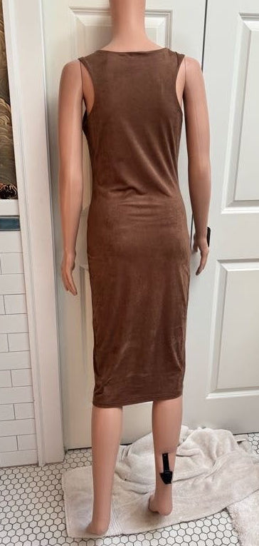 Faux Suede Light Brown Bodycon Dress | Stretchy & Soft | Size Medium