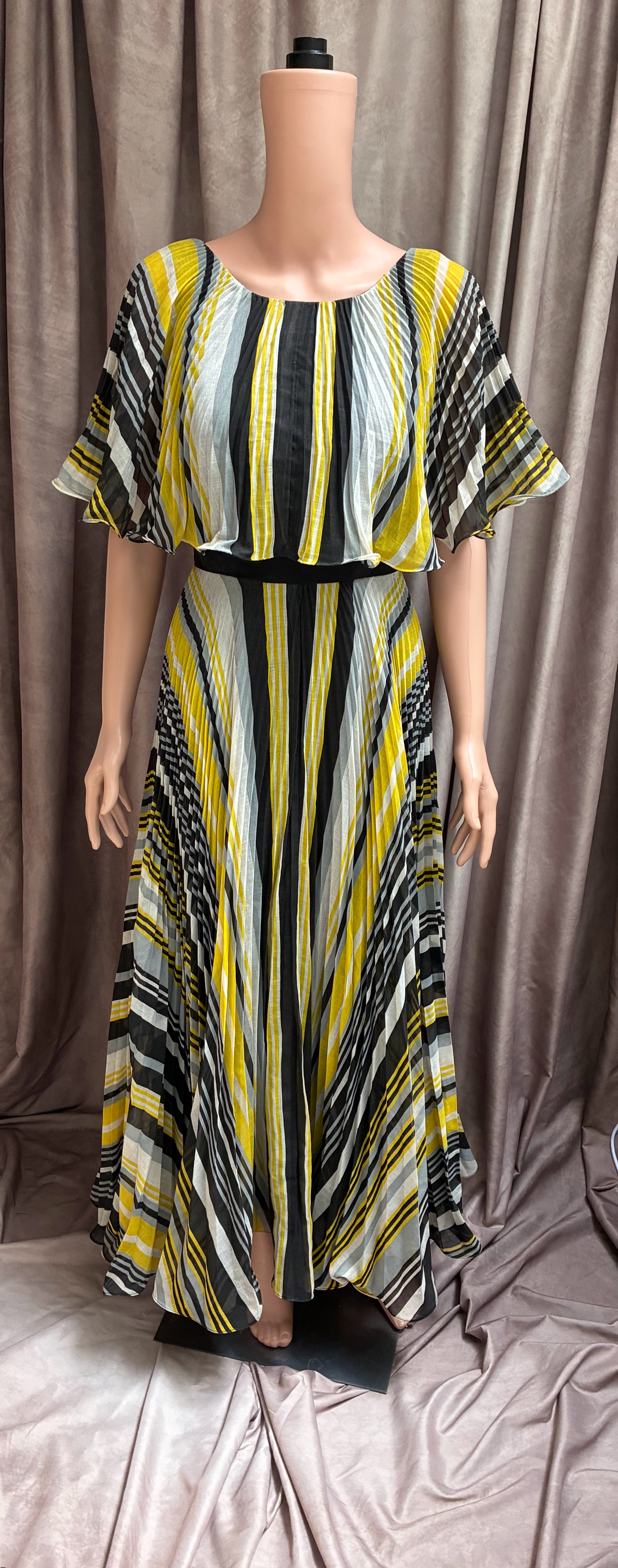 Vintage 1970s Miss Elliette California Yellow Striped Silk Linen Ballgown | 360° Accordion Skirt