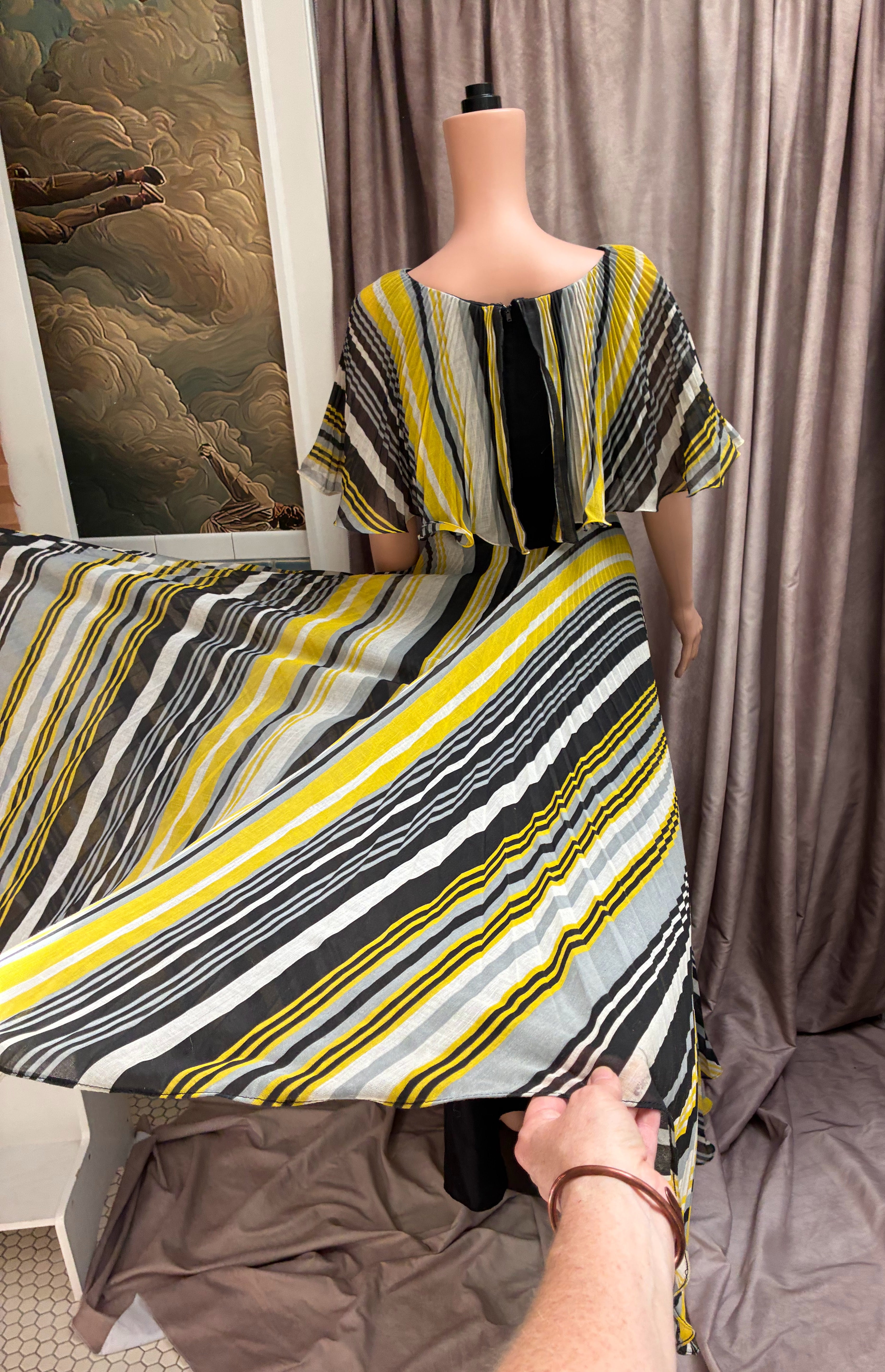 Vintage 1970s Miss Elliette California Yellow Striped Silk Linen Ballgown | 360° Accordion Skirt