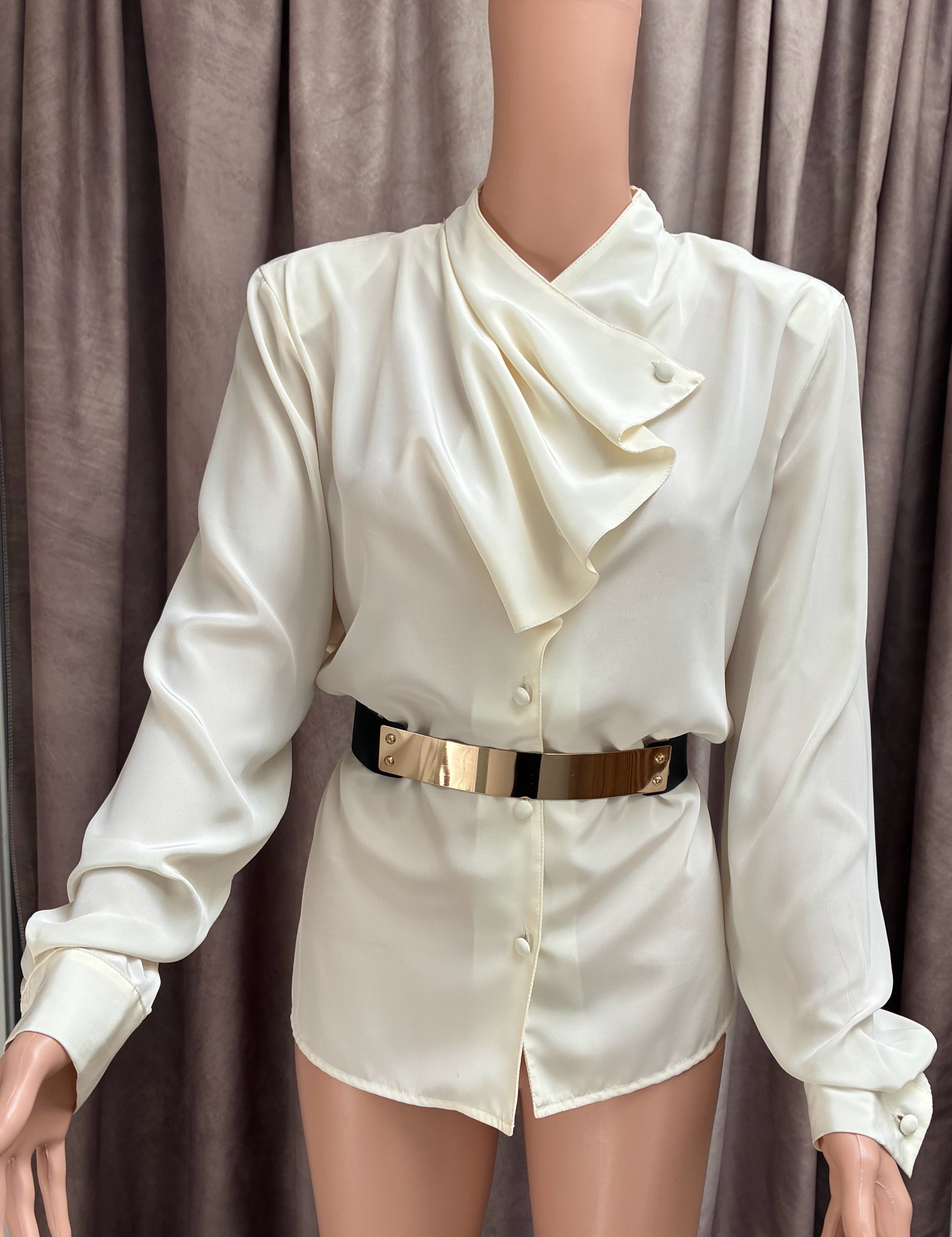 Vintage 1980s Cream Polyester Secretary Blouse | Sharon Stone Energy | White Cloth Buttons
