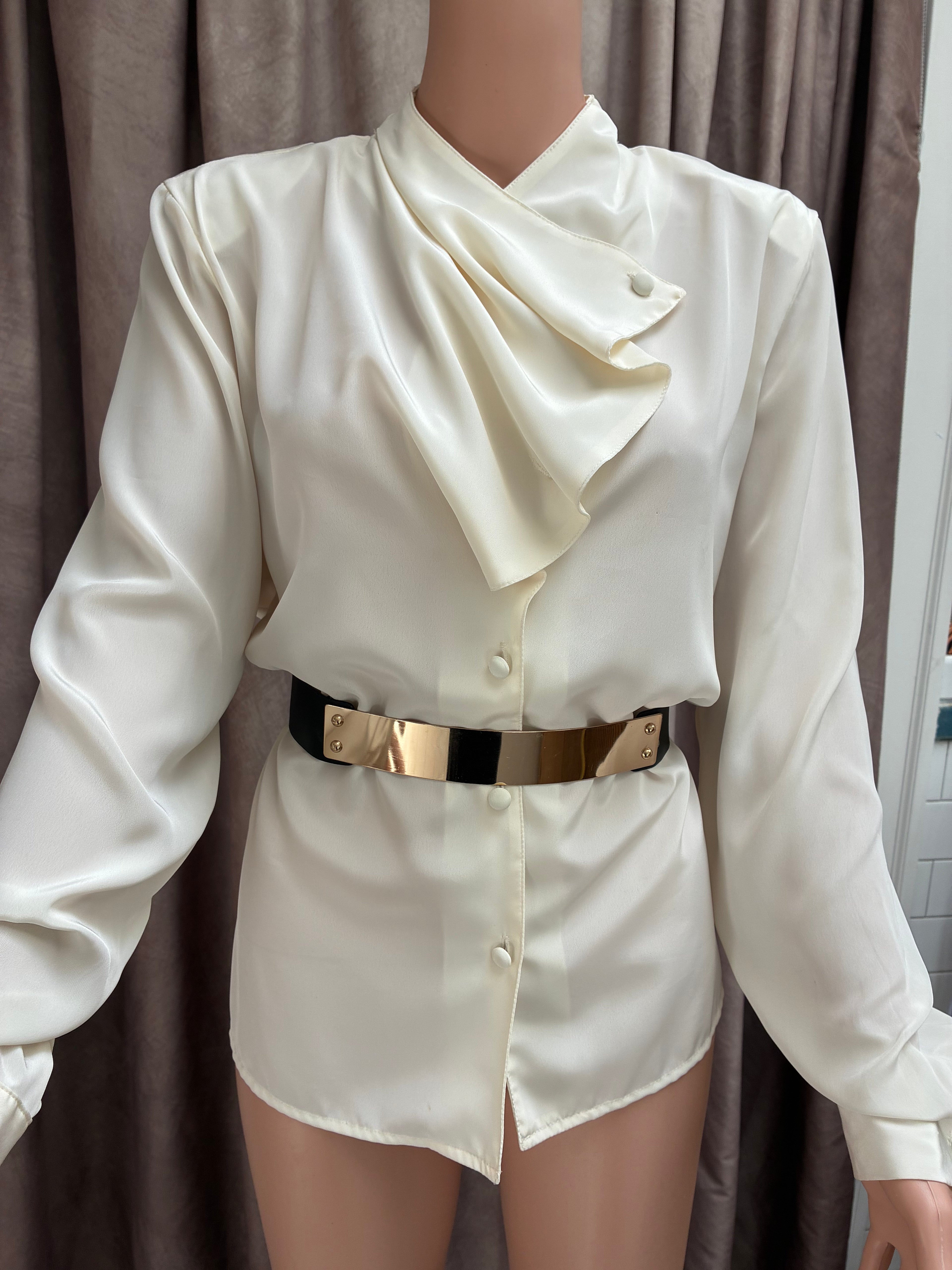 Vintage 1980s Cream Polyester Secretary Blouse | Sharon Stone Energy | White Cloth Buttons