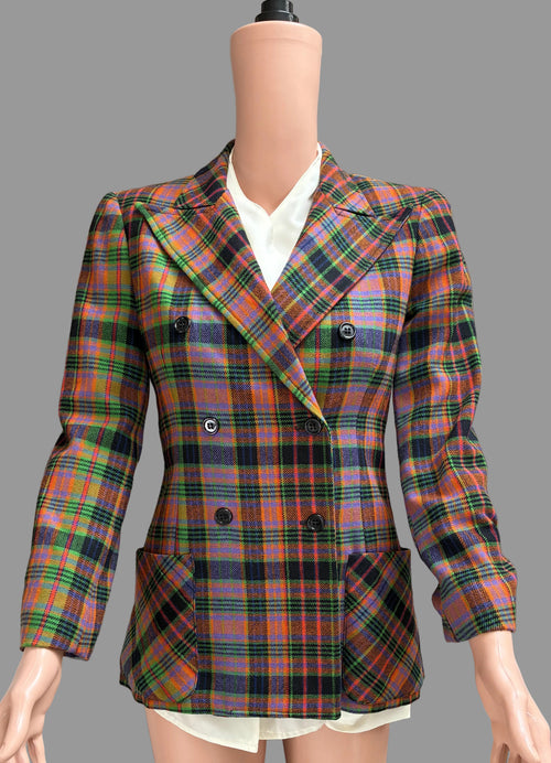 Plaid blazer on a mannequin against a plain background