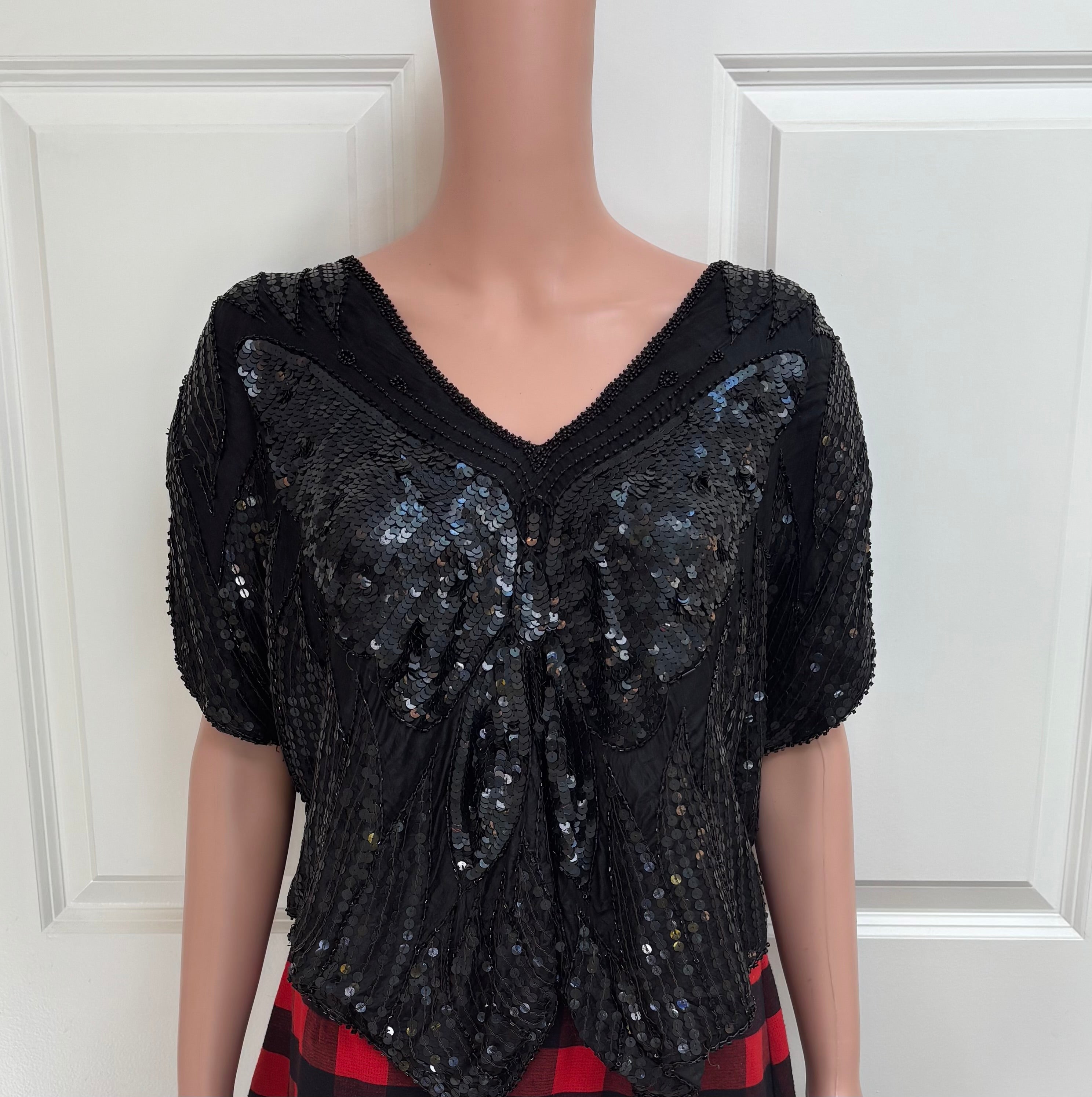Vintage 70s Black Sequin Butterfly Shirt