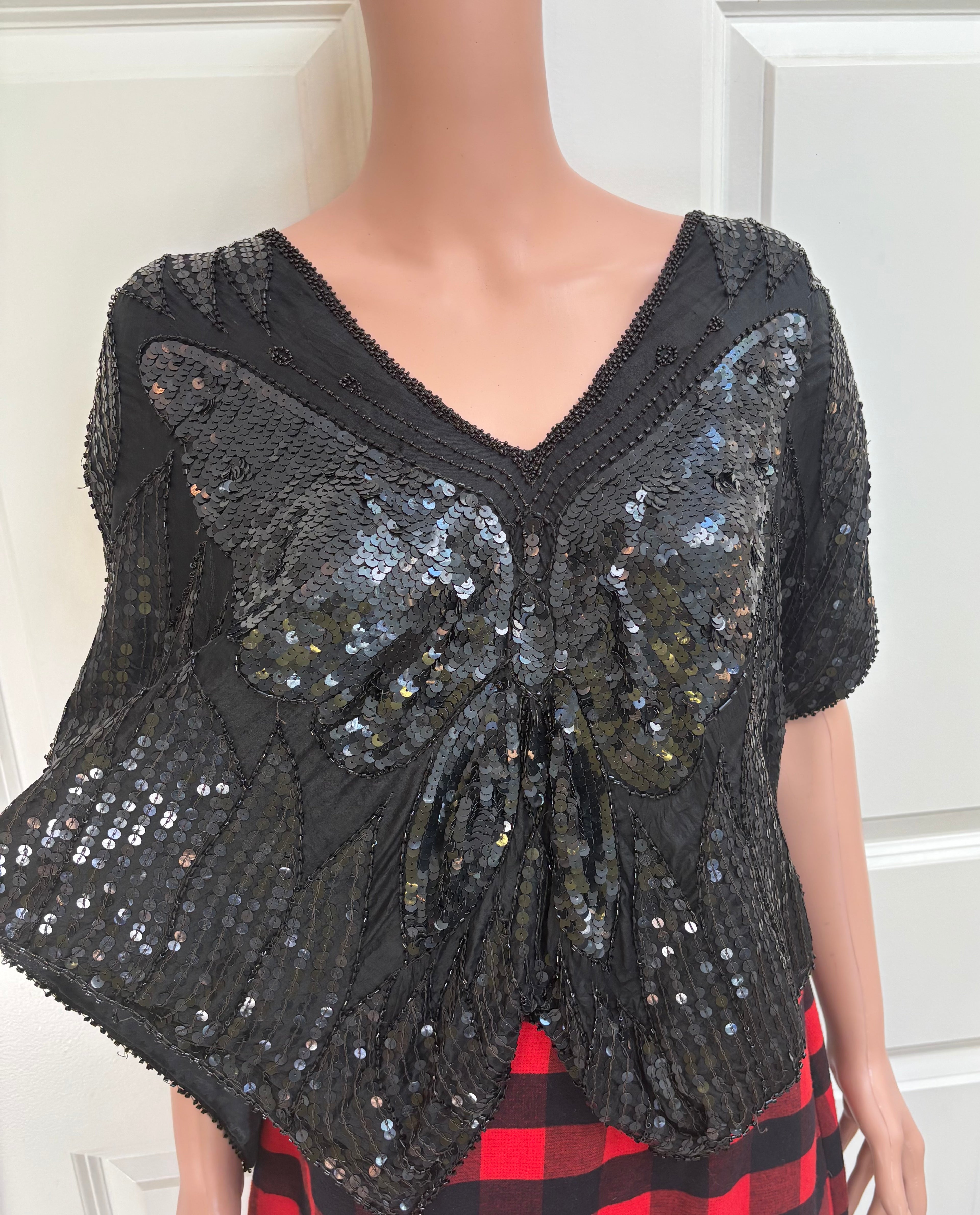 Vintage 70s Black Sequin Butterfly Shirt