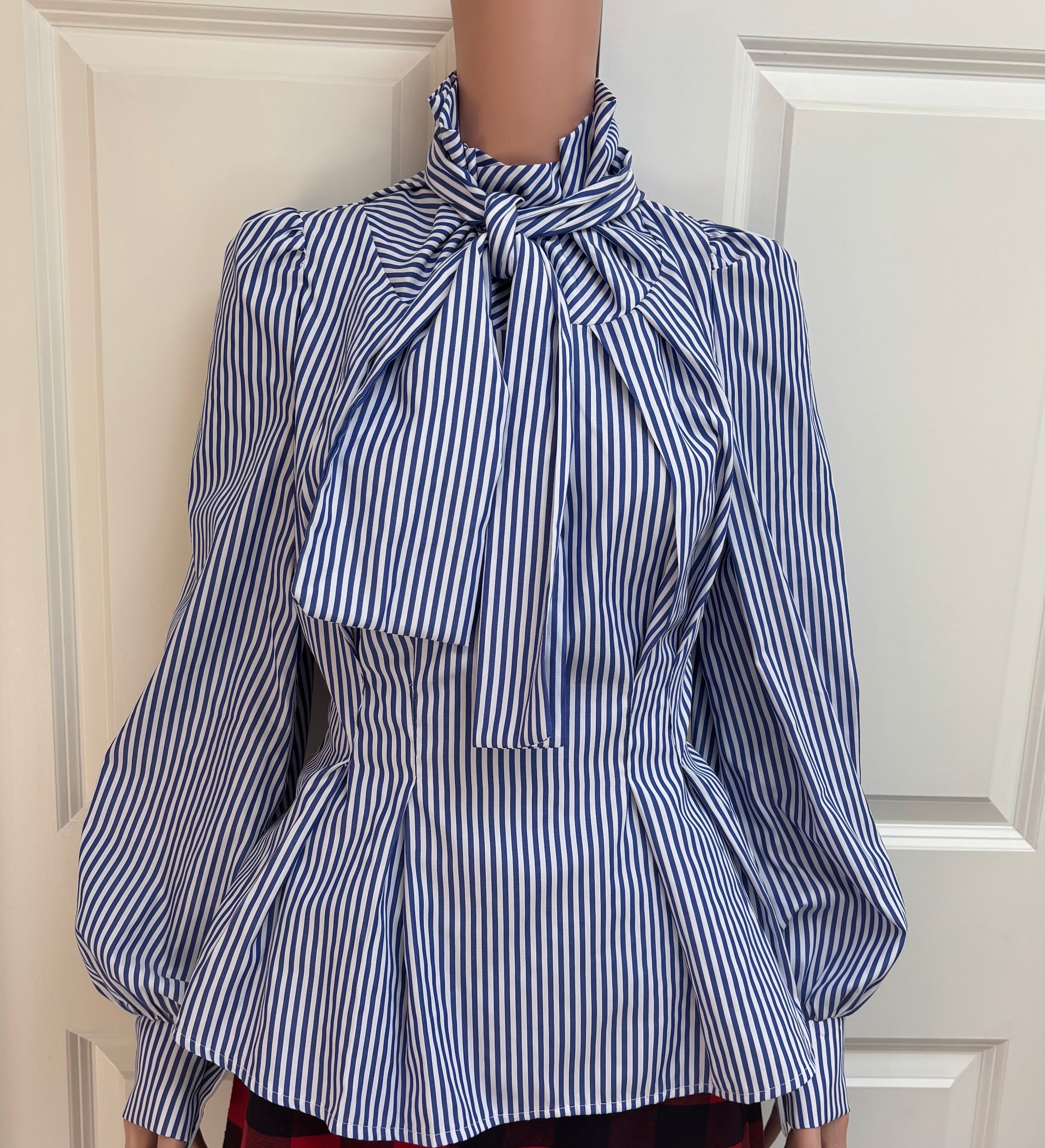 Blue and White Striped Tie Bow Blouse
