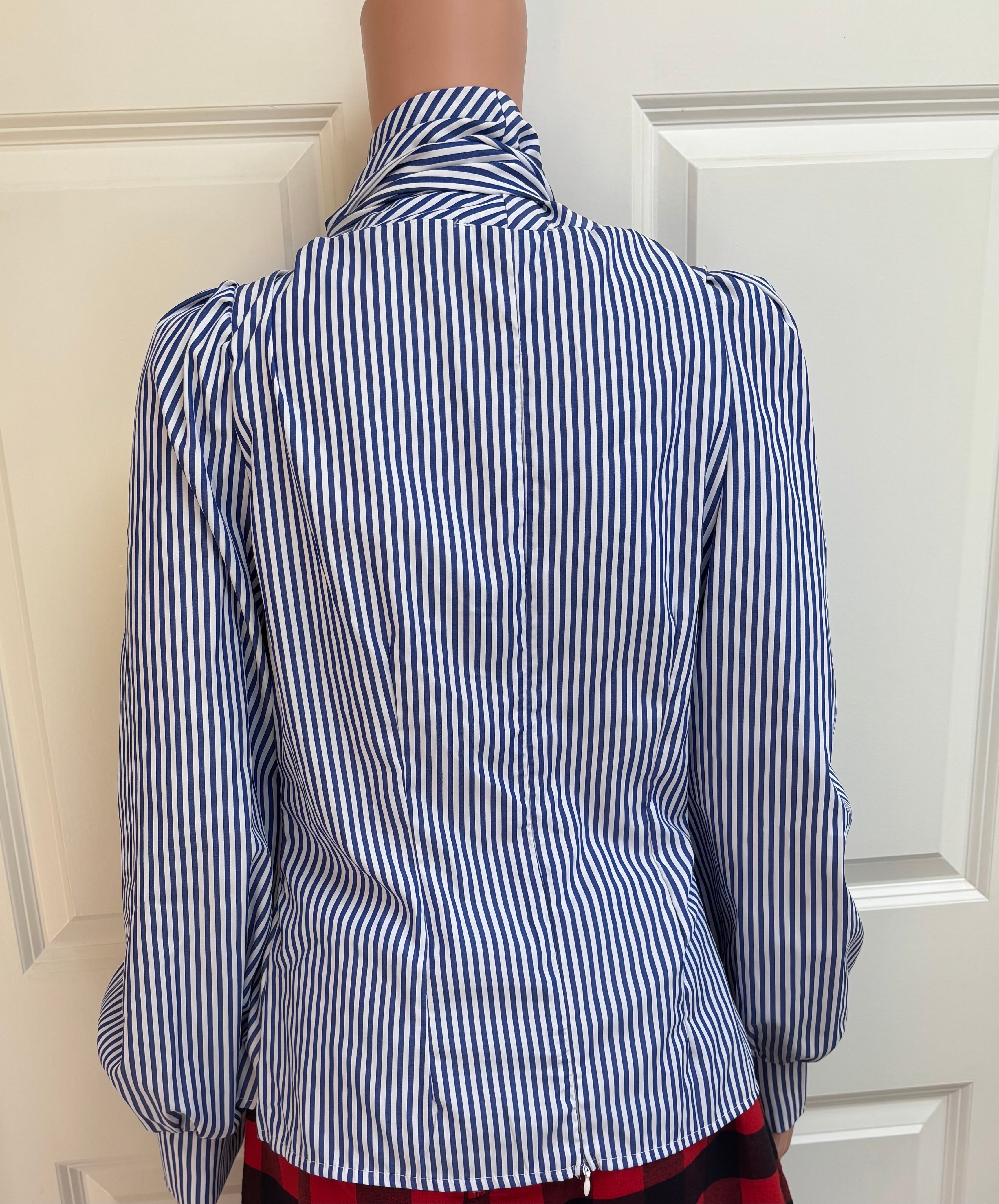 Blue and White Striped Tie Bow Blouse