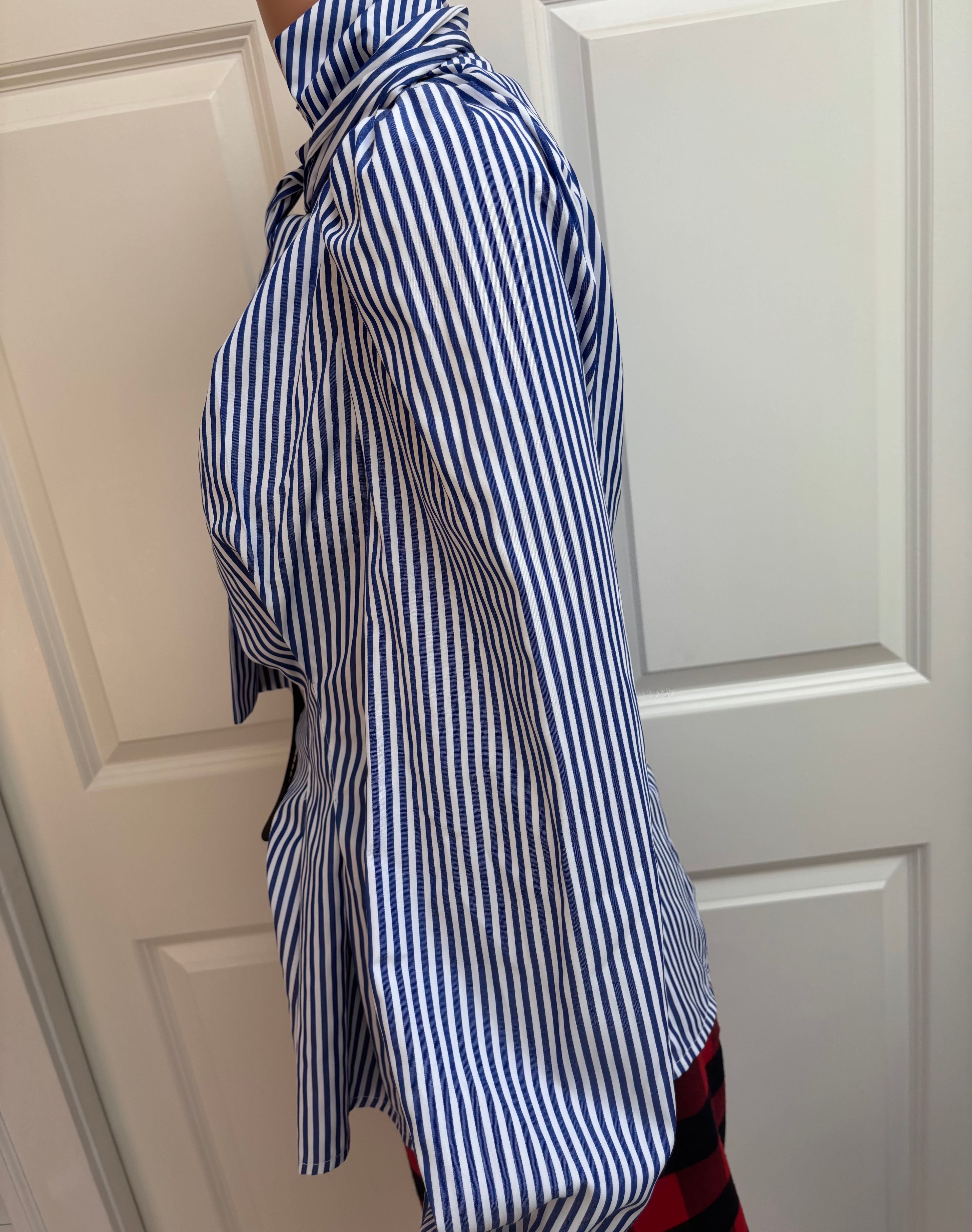 Blue and White Striped Tie Bow Blouse