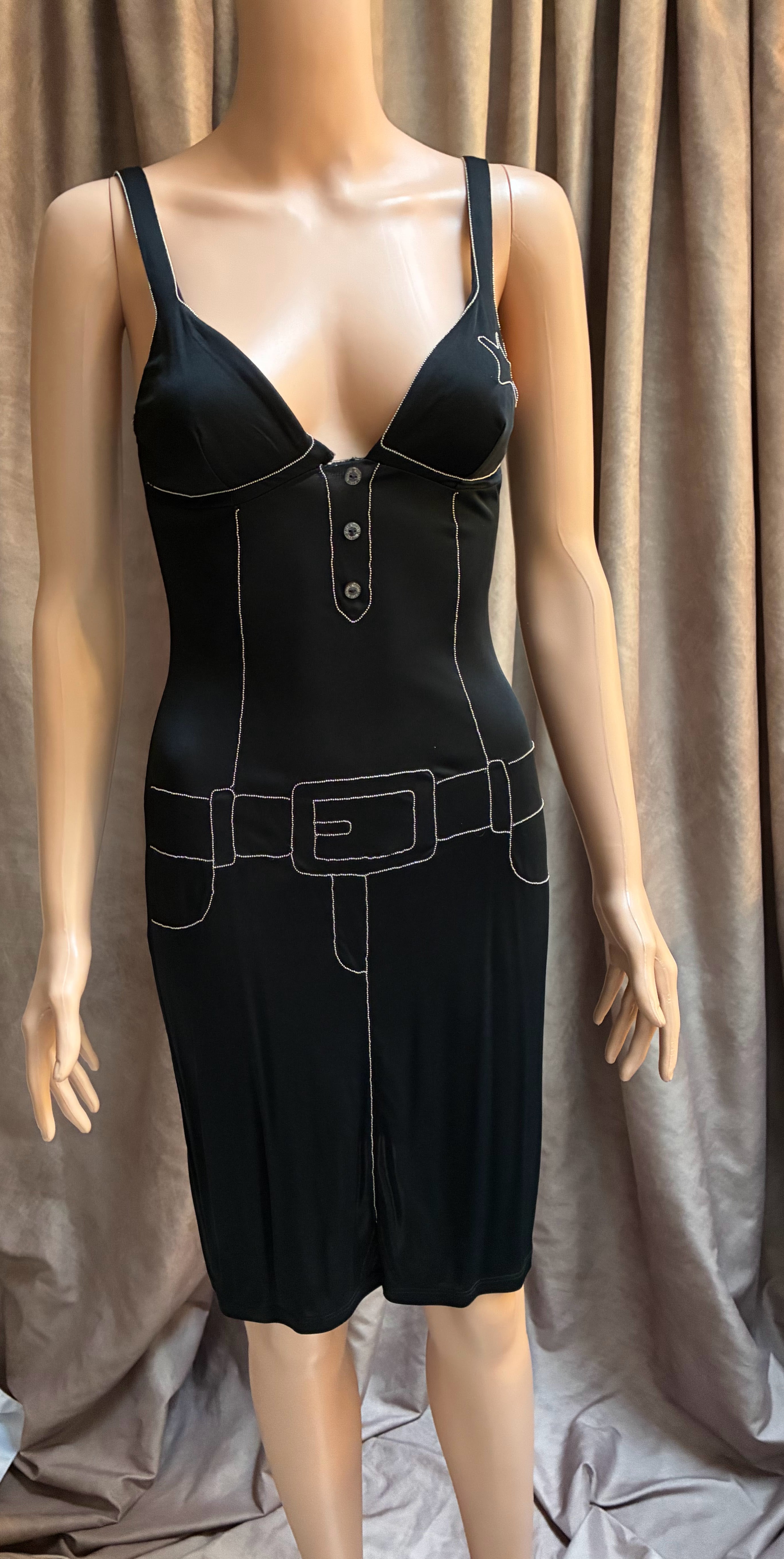 Vintage Moschino Black Satin Slip Dress with Rhinestone Detail