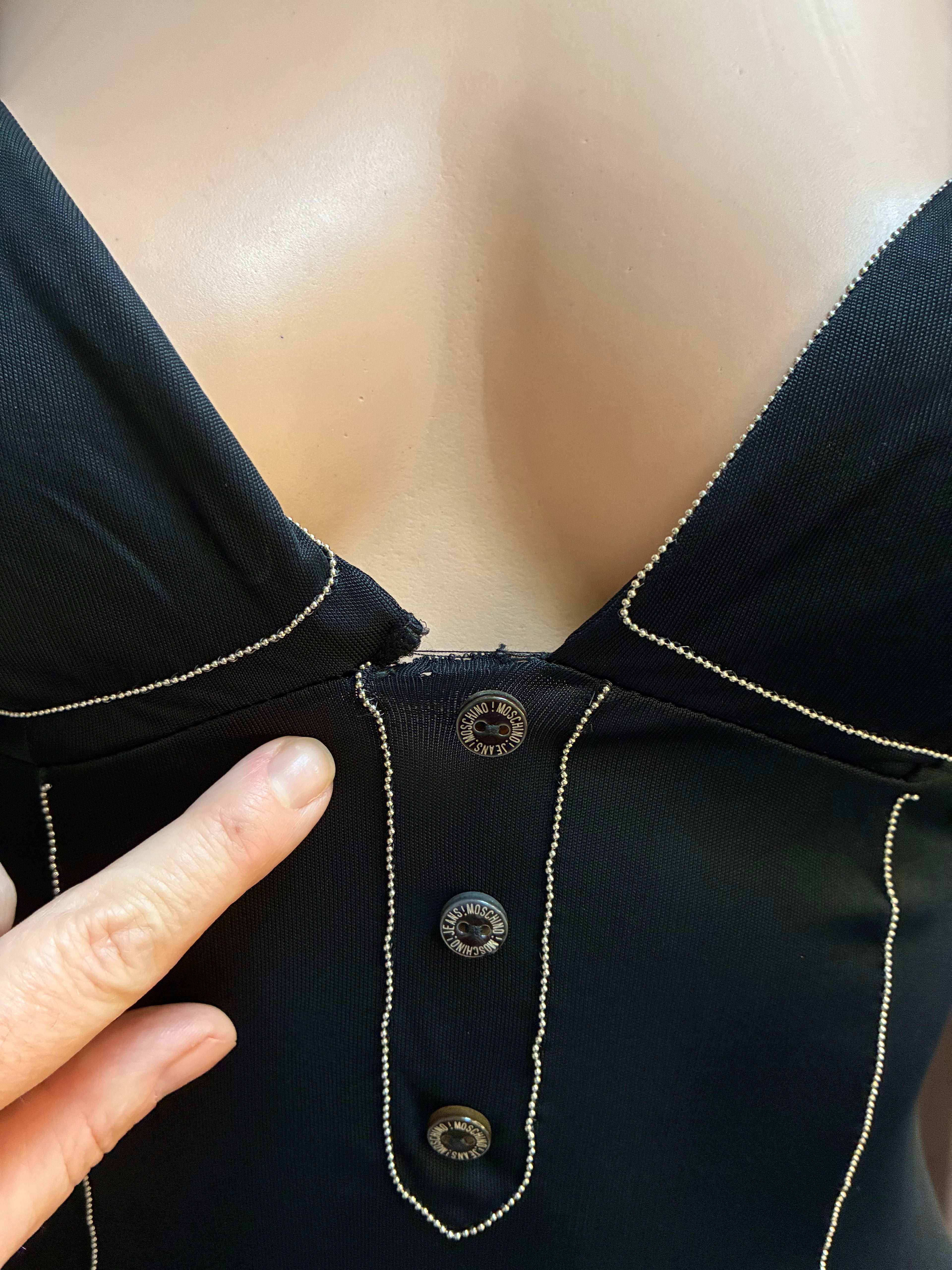 Vintage Moschino Black Satin Slip Dress with Rhinestone Detail