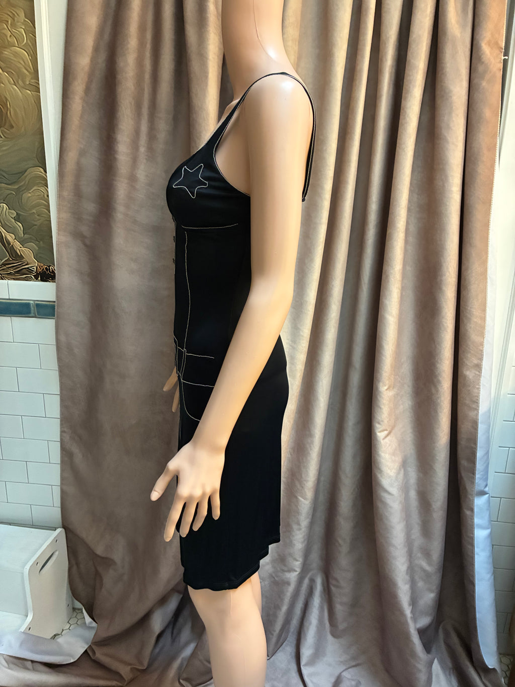 Vintage Moschino Black Satin Slip Dress with Rhinestone Detail