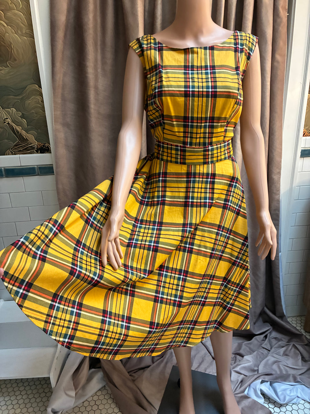 Yellow Tartan Plaid Cotton Circle Skirt Dress