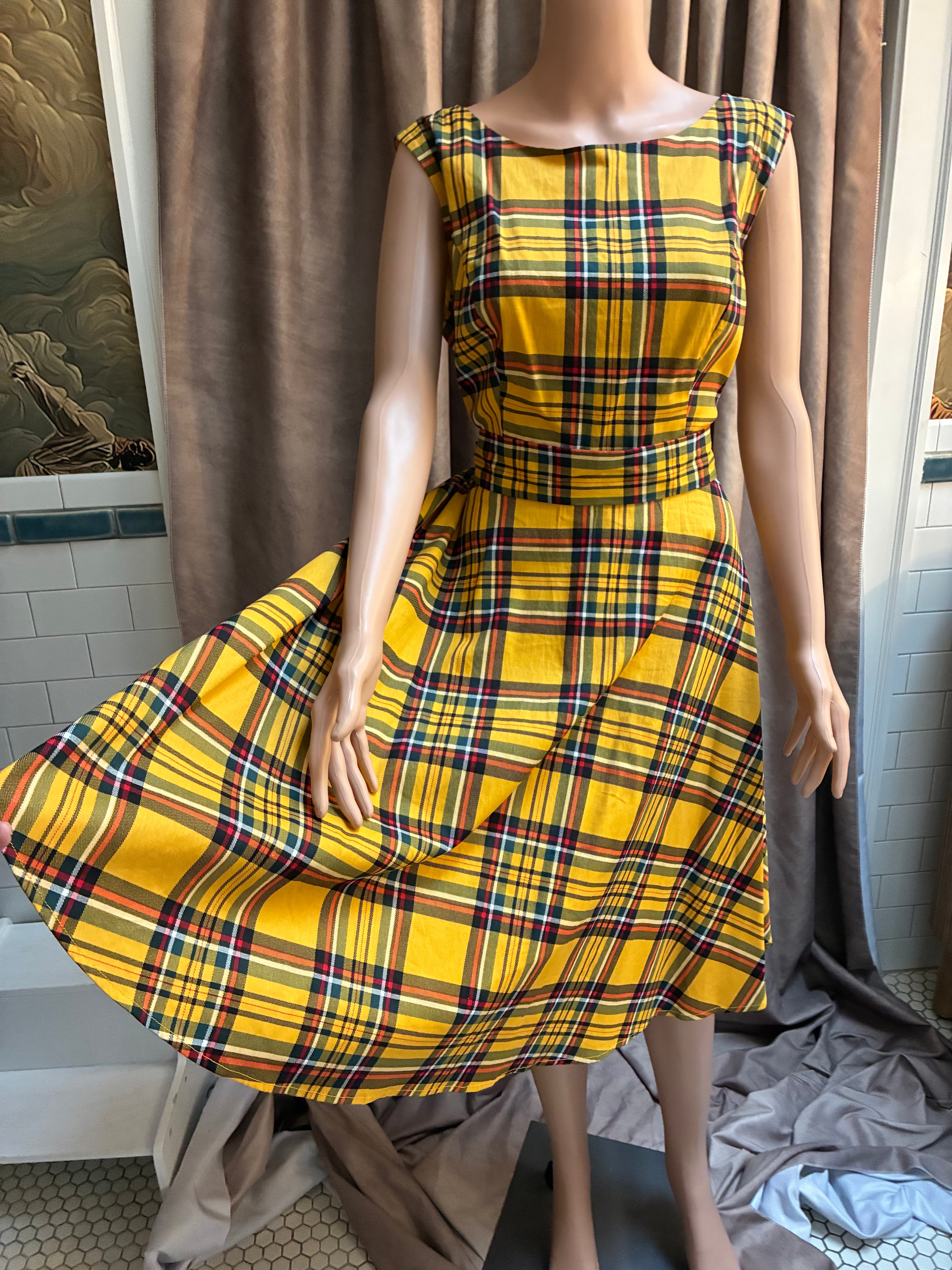 Yellow Tartan Plaid Cotton Circle Skirt Dress