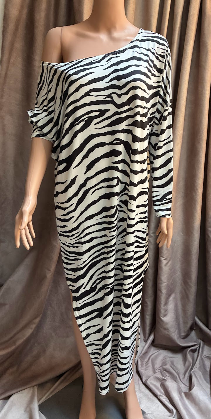 Zebra Print One-Shoulder Midi Dress