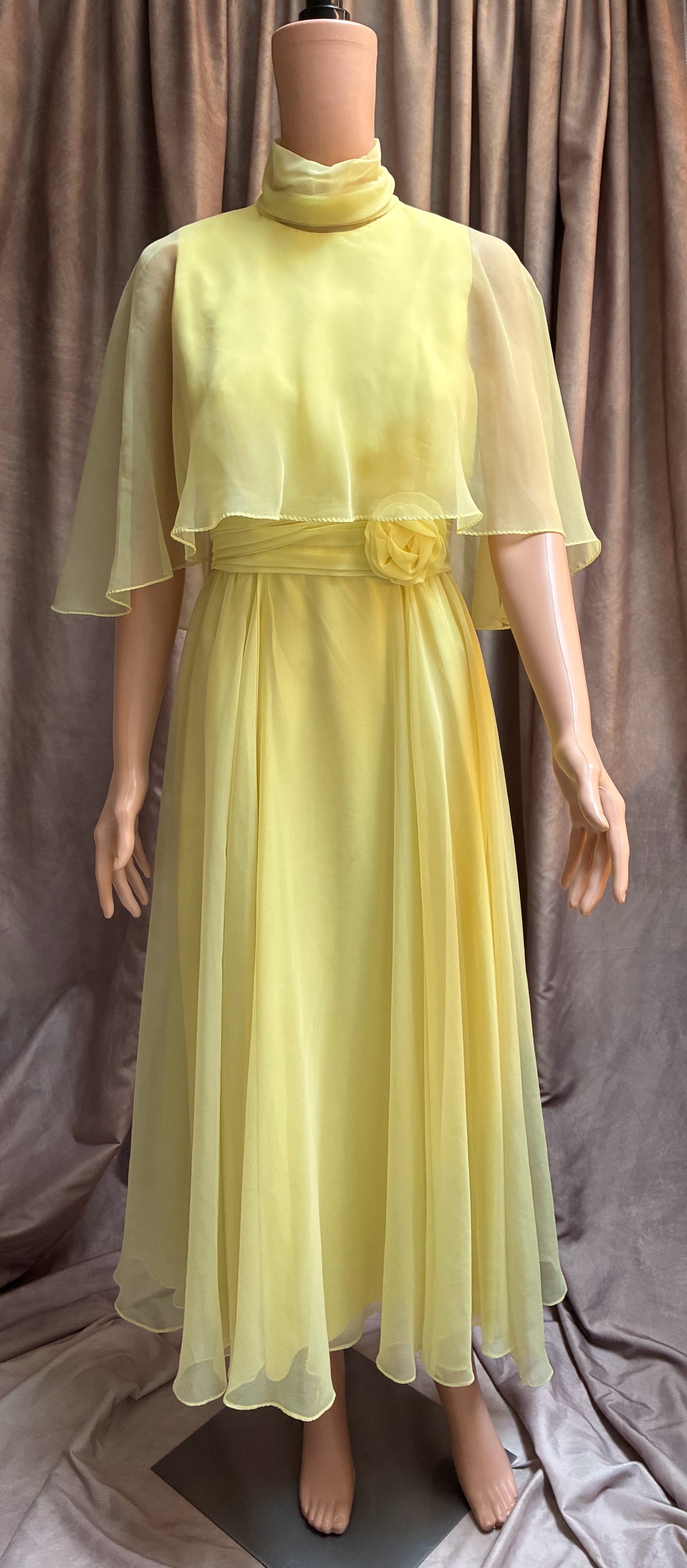 Yellow Chiffon Cape Formal Gown vintage Miller Brothers 1970s