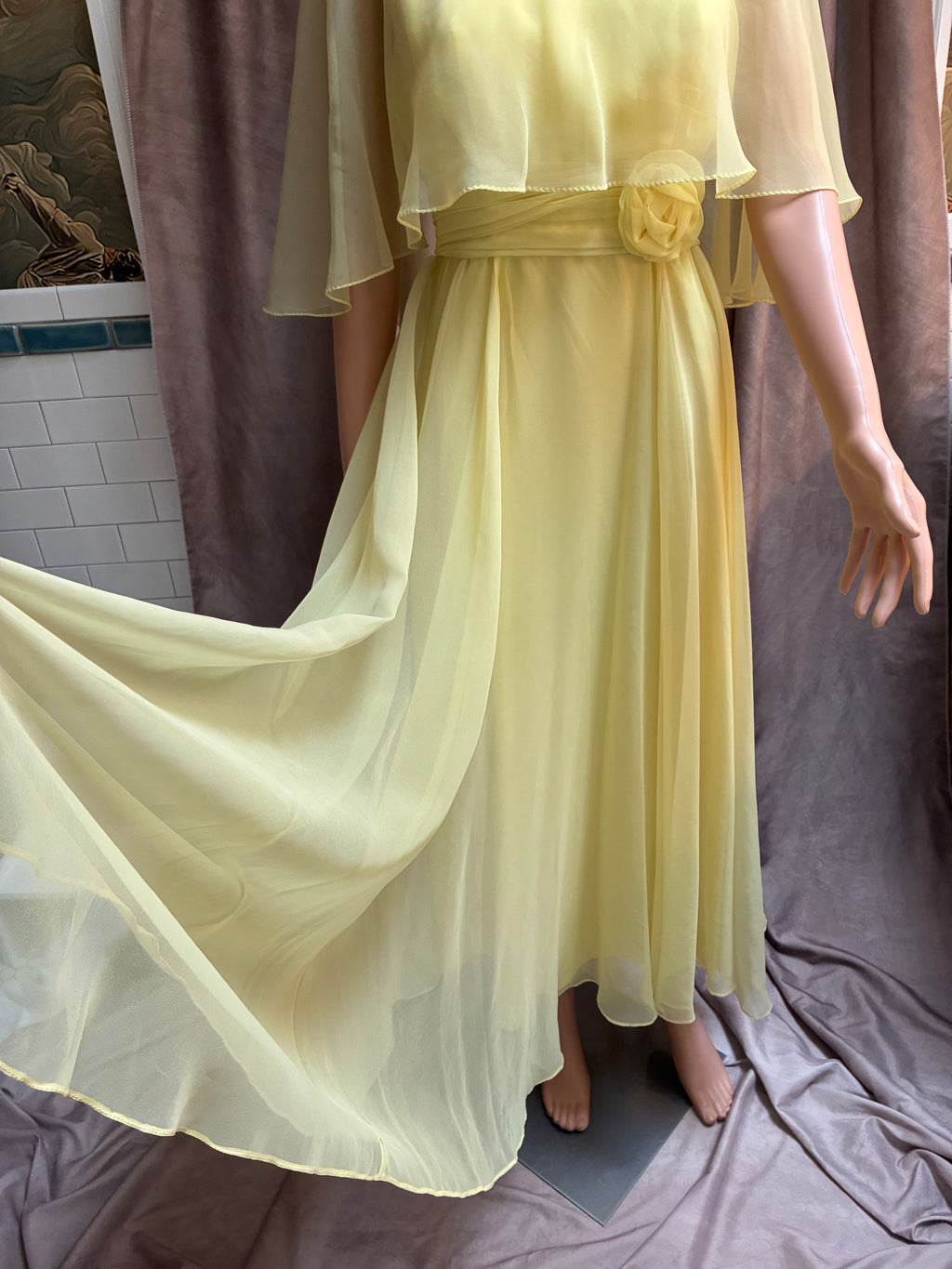 Yellow Chiffon Cape Formal Gown vintage Miller Brothers 1970s