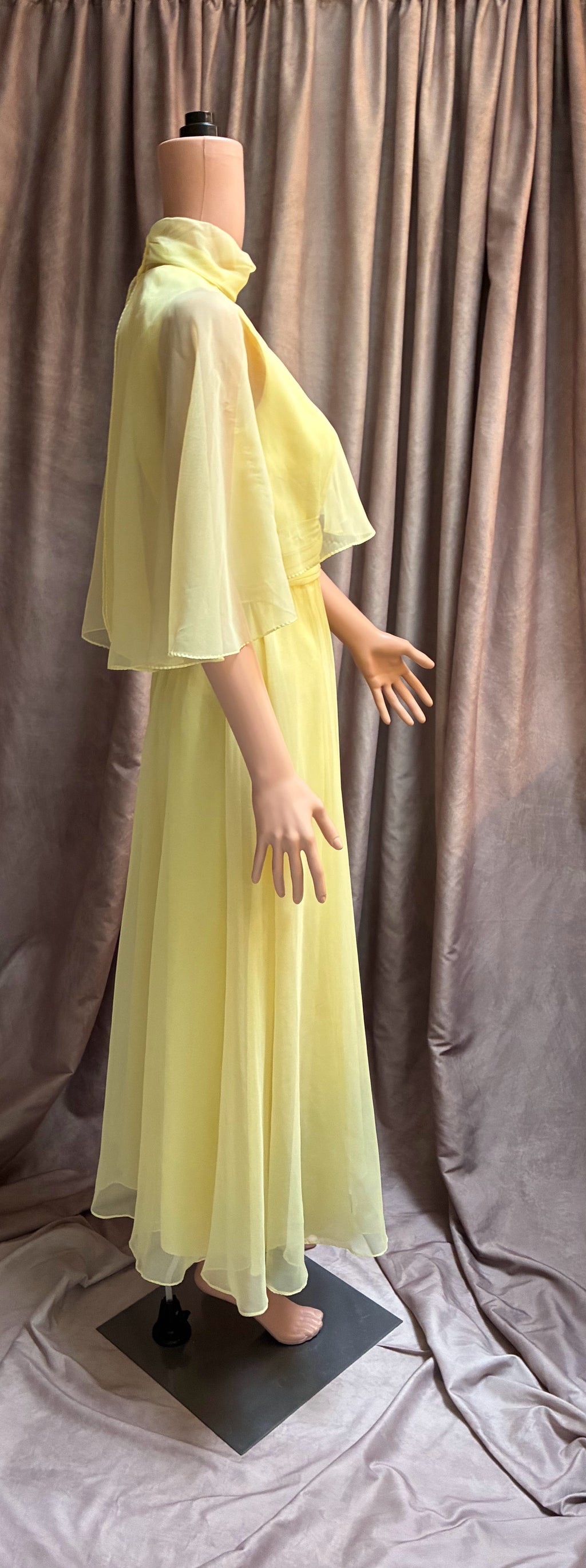 Yellow Chiffon Cape Formal Gown vintage Miller Brothers 1970s