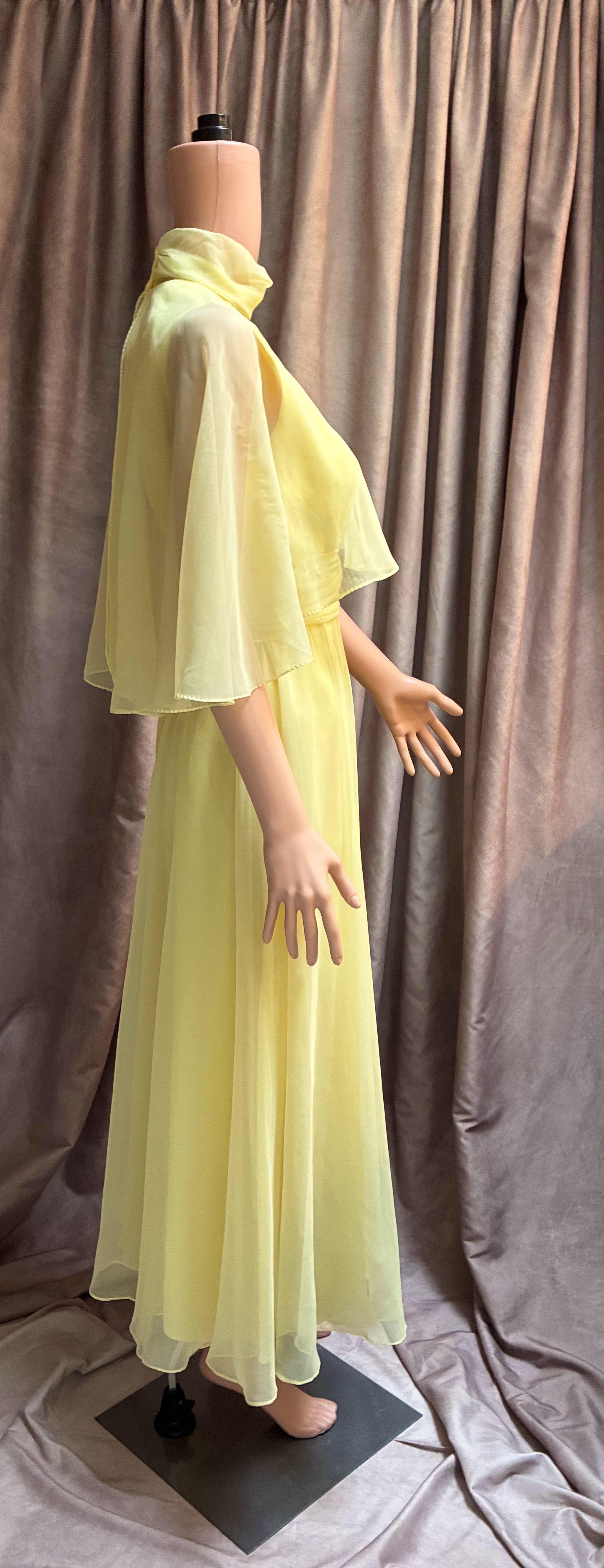 Yellow Chiffon Cape Formal Gown vintage Miller Brothers 1970s