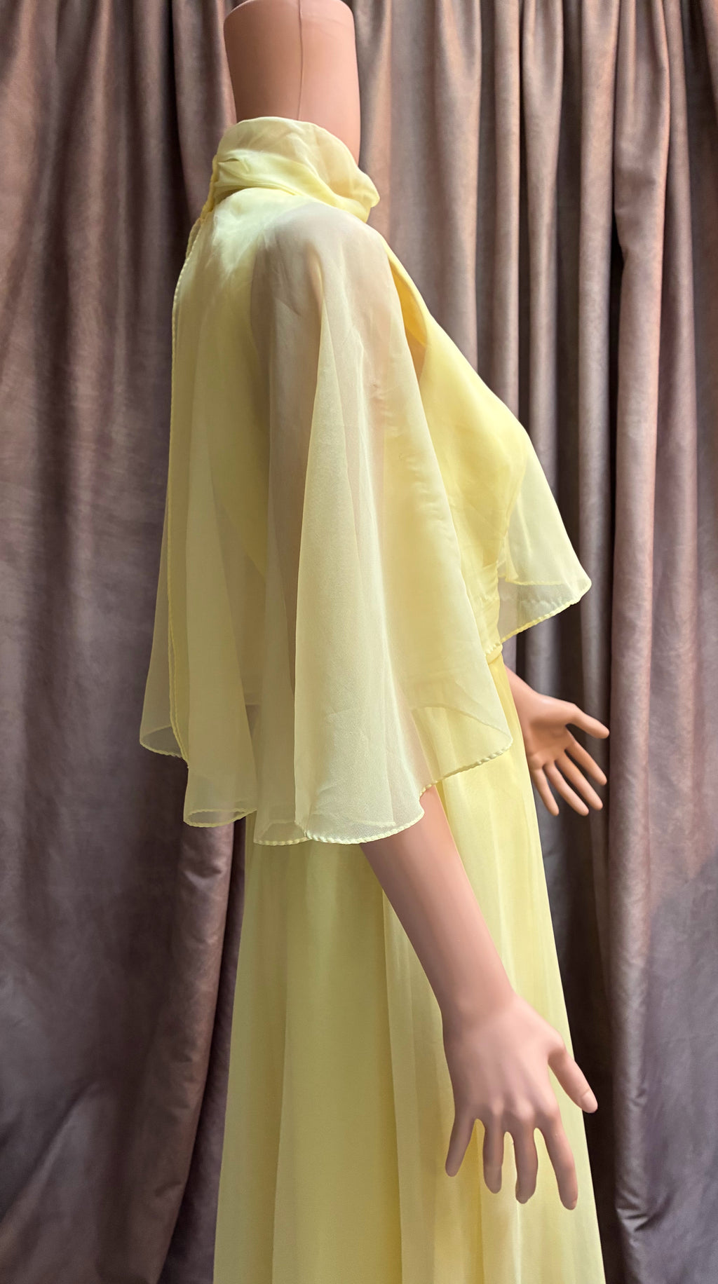 Yellow Chiffon Cape Formal Gown vintage Miller Brothers 1970s