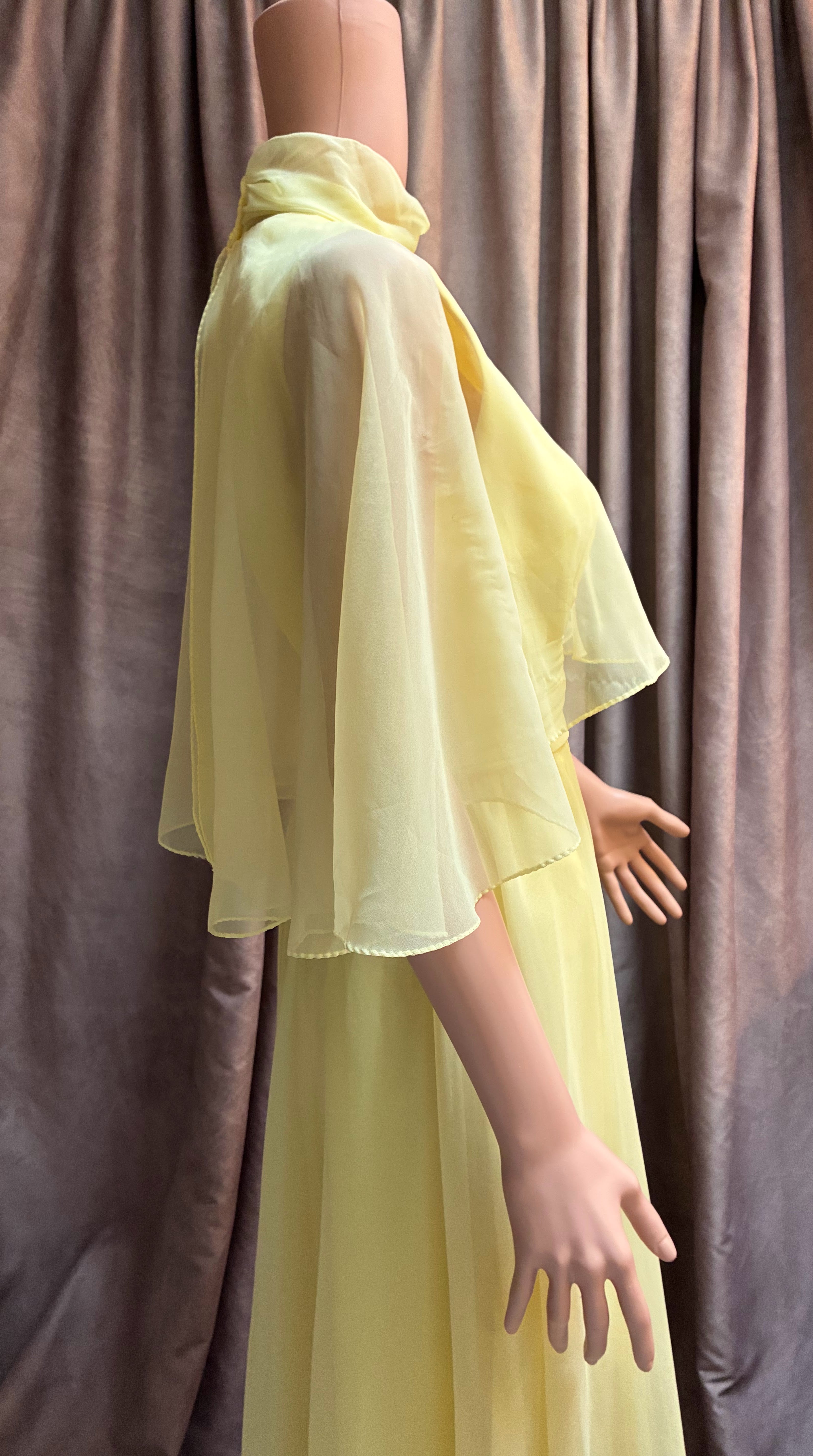 Yellow Chiffon Cape Formal Gown vintage Miller Brothers 1970s