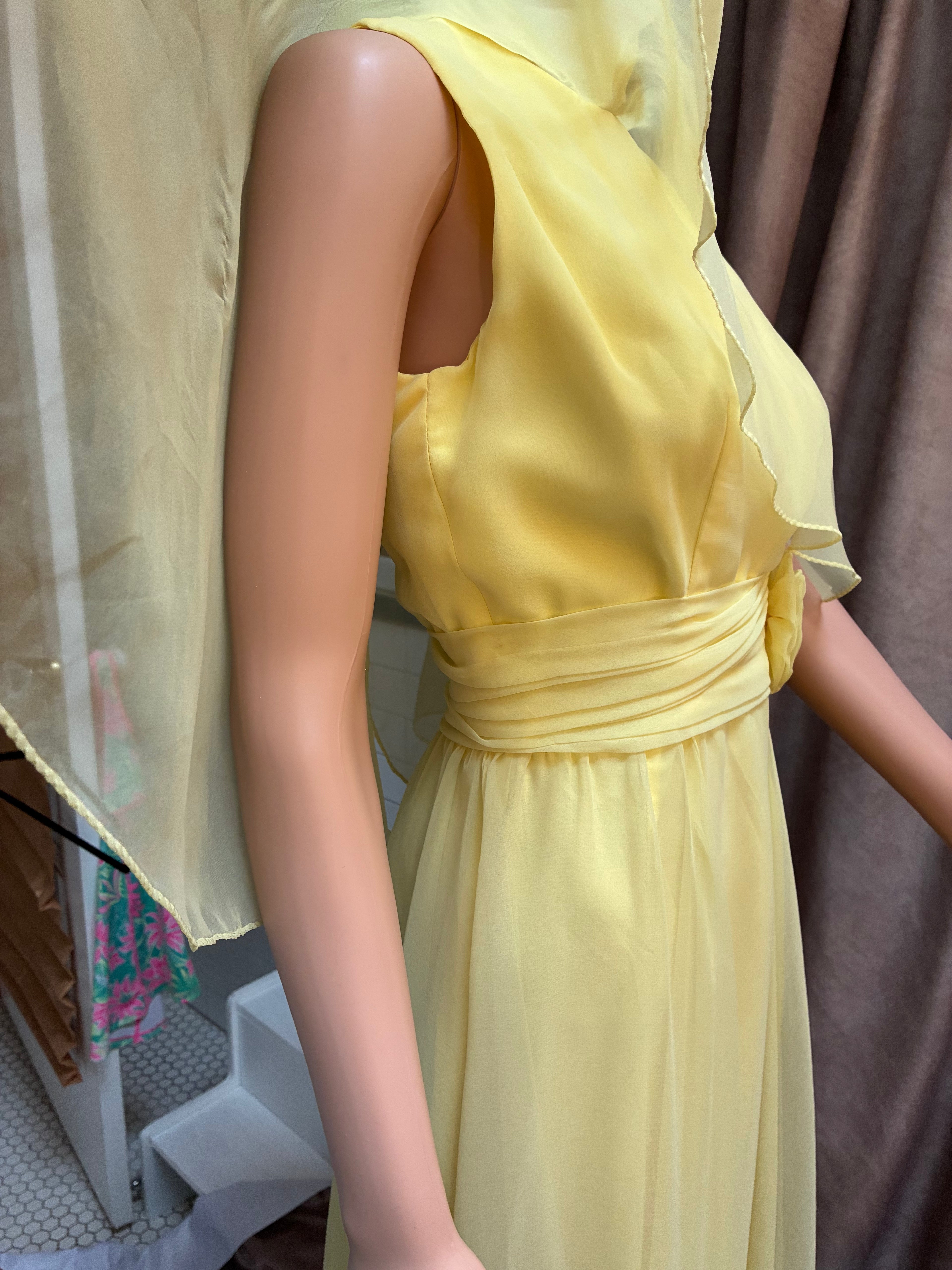 Yellow Chiffon Cape Formal Gown vintage Miller Brothers 1970s