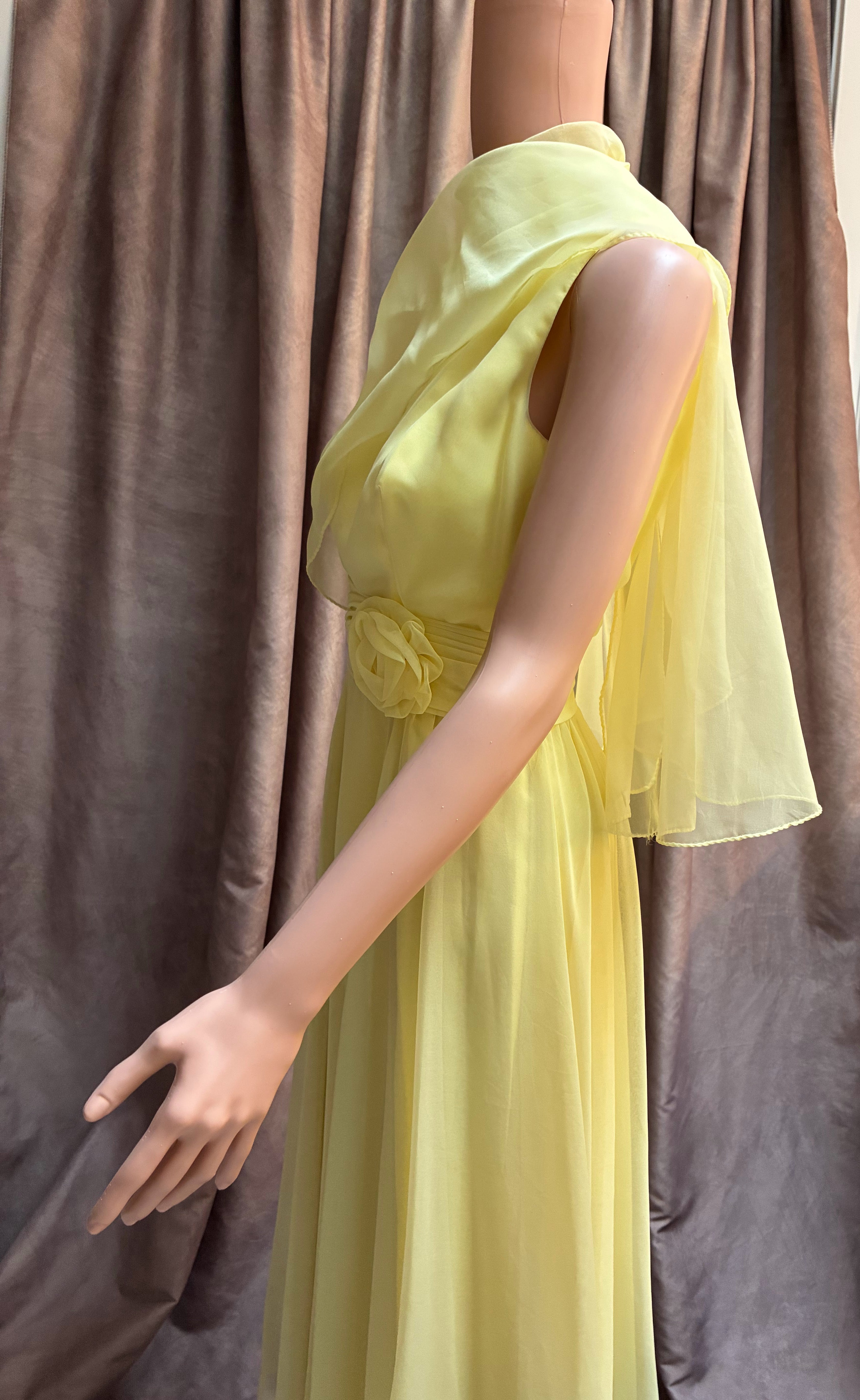 Yellow Chiffon Cape Formal Gown vintage Miller Brothers 1970s
