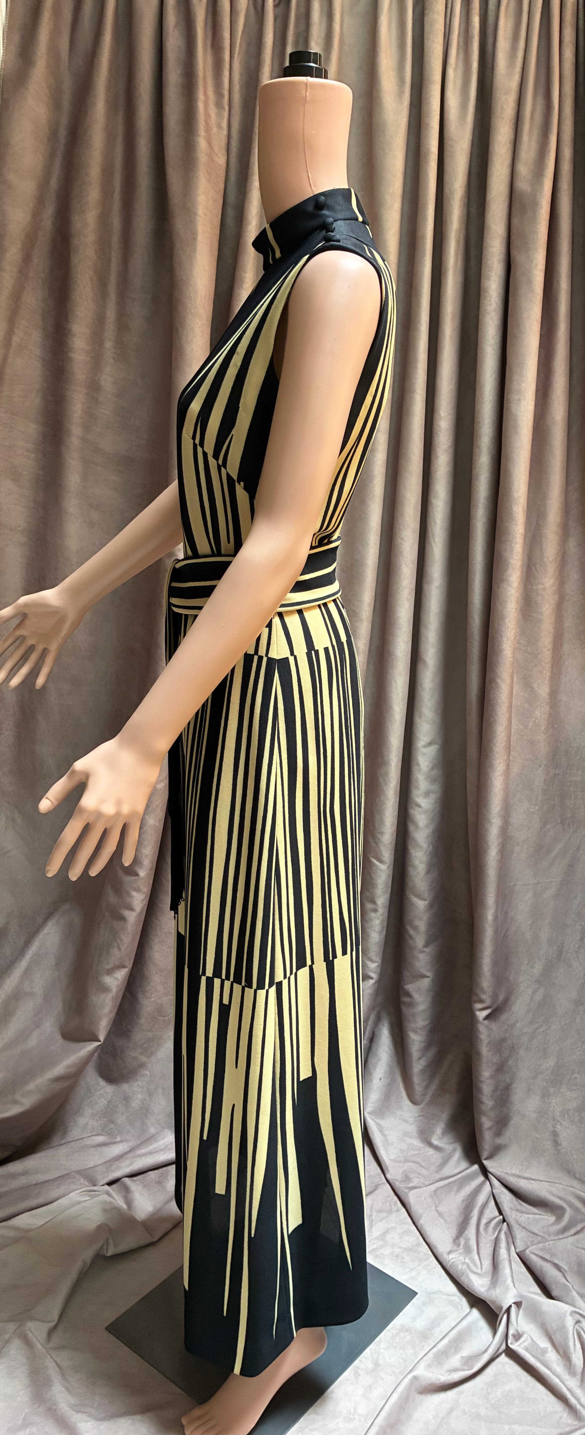 Black & Gold Geometric Print Maxi Dress with Tassel Belt