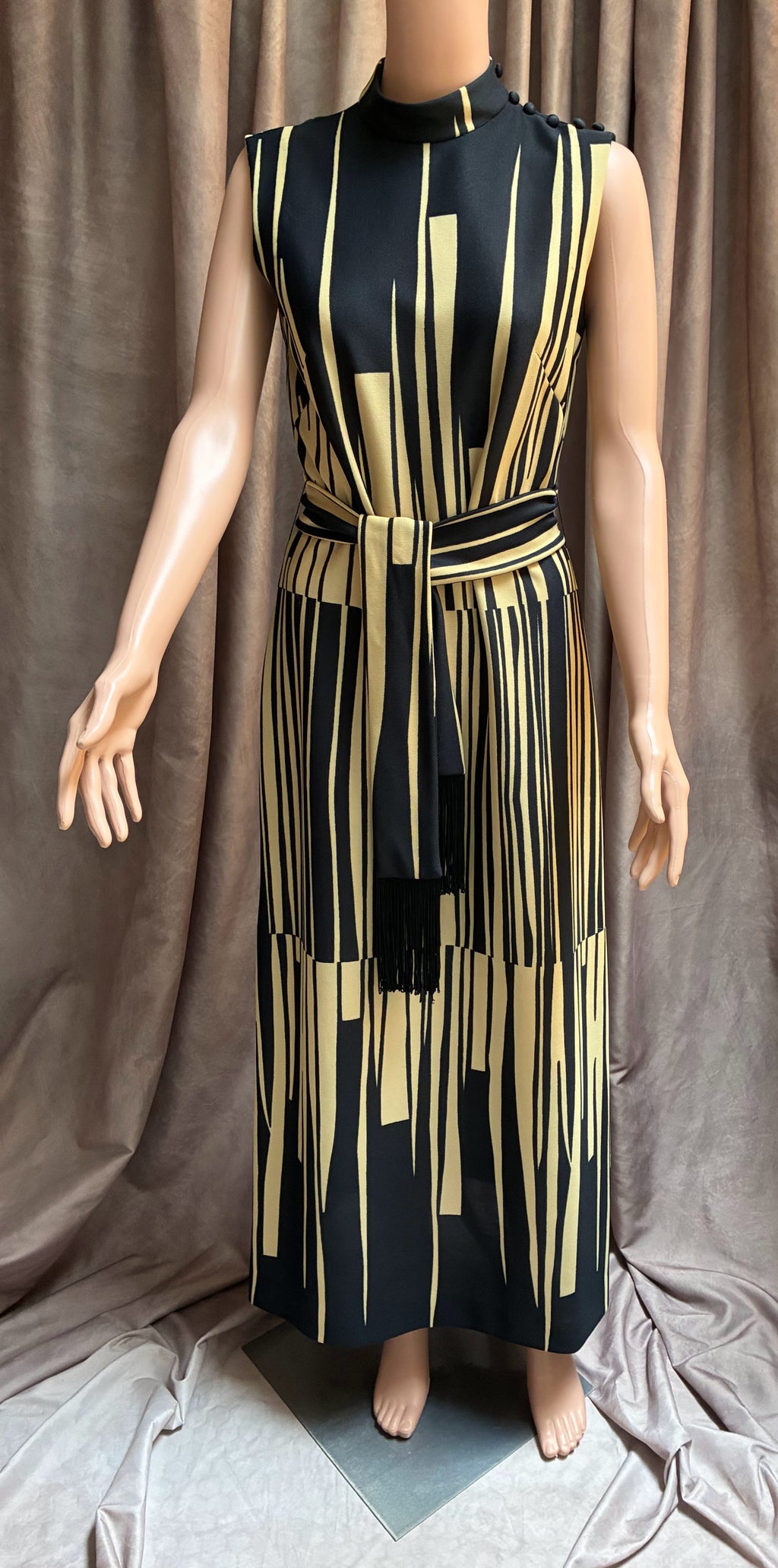 Black & Gold Geometric Print Maxi Dress with Tassel Belt