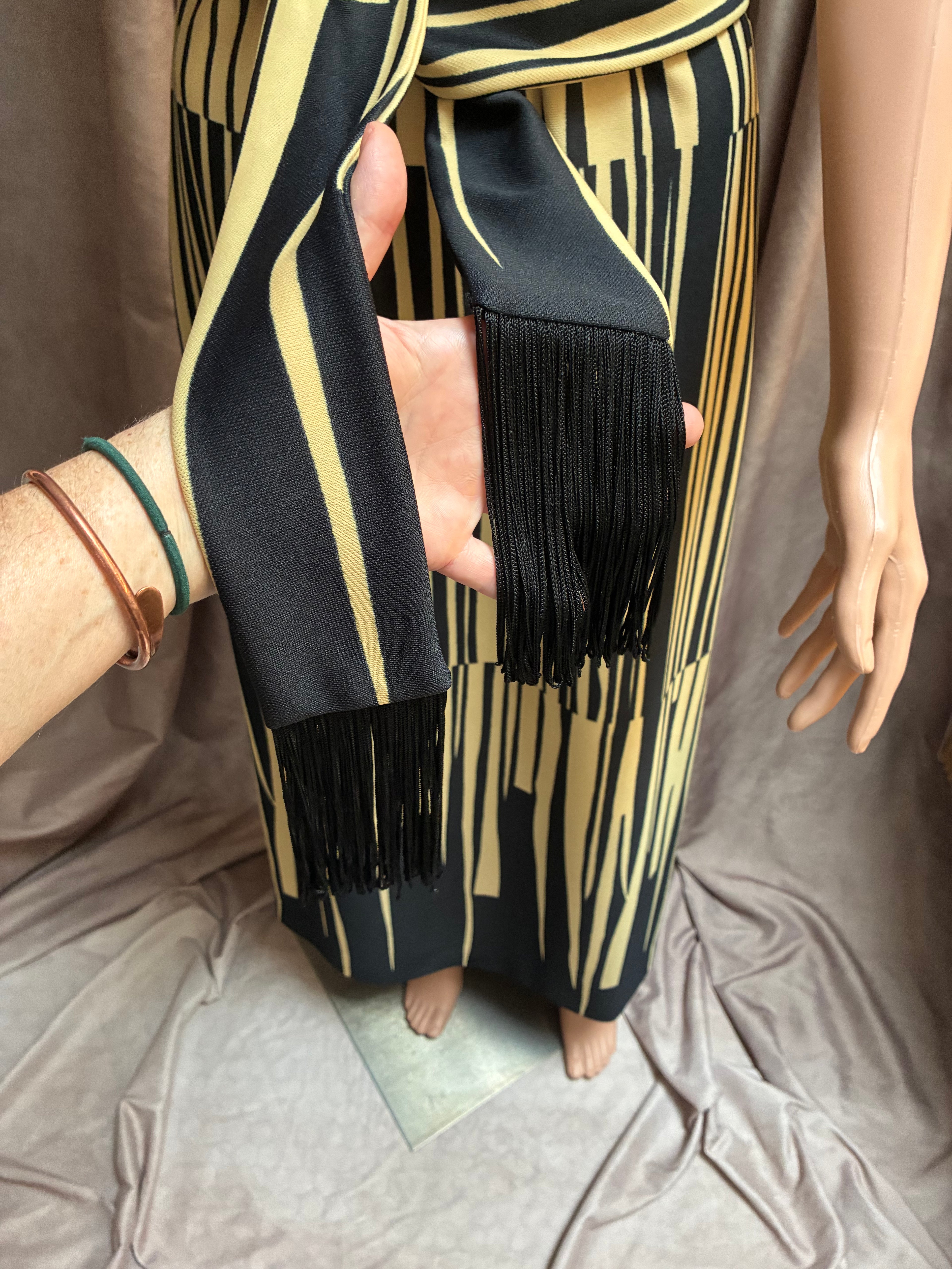 Black & Gold Geometric Print Maxi Dress with Tassel Belt