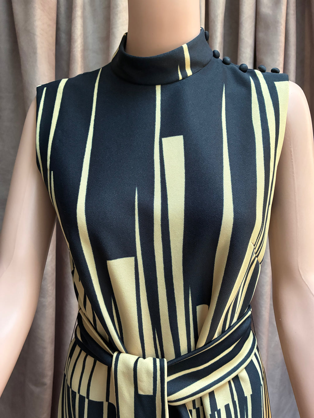 Black & Gold Geometric Print Maxi Dress with Tassel Belt