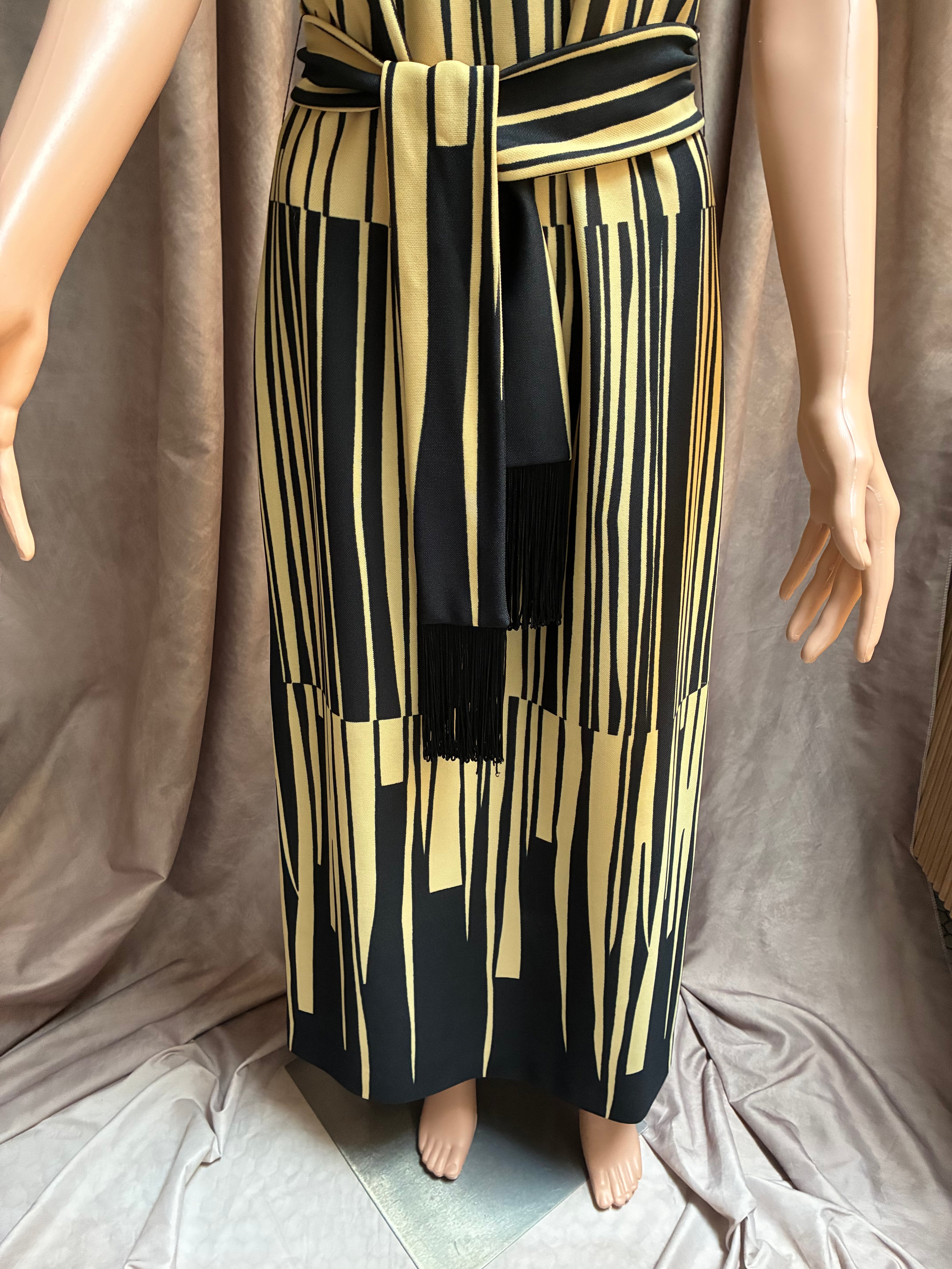 Black & Gold Geometric Print Maxi Dress with Tassel Belt