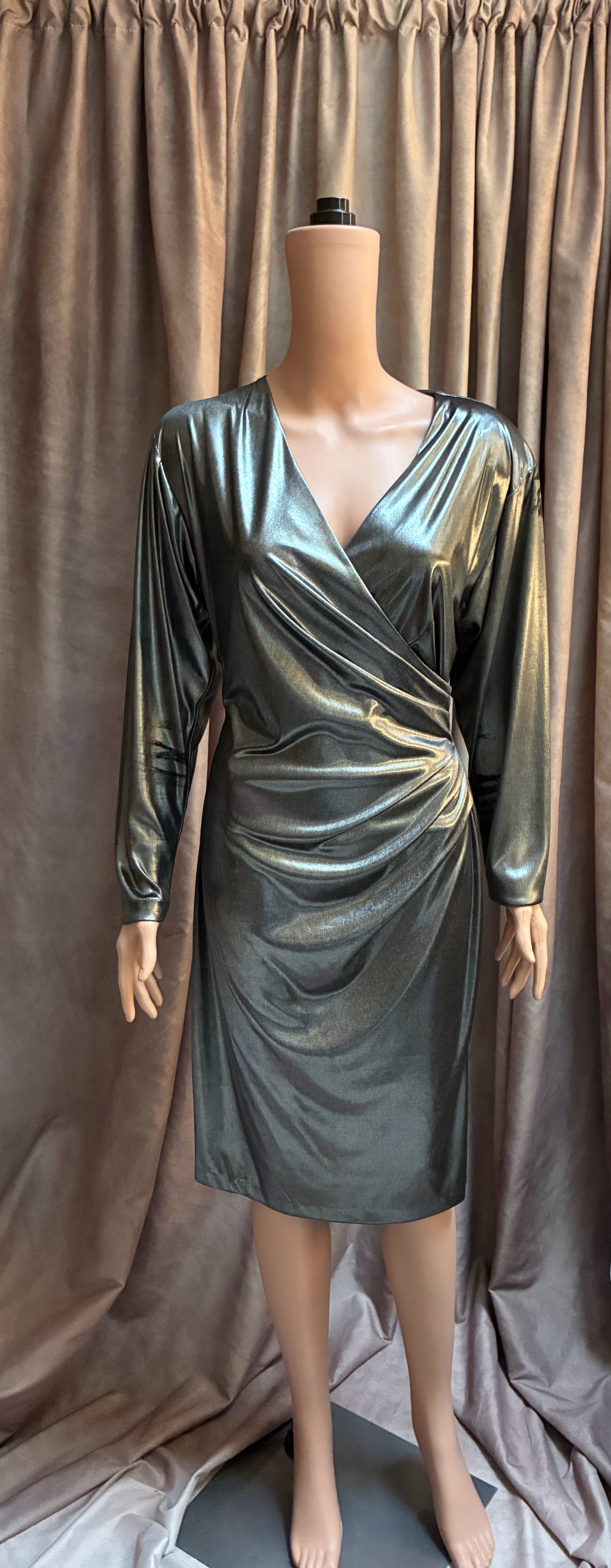 1980s Silver Metallic Wrap Dress by Midnight Glow