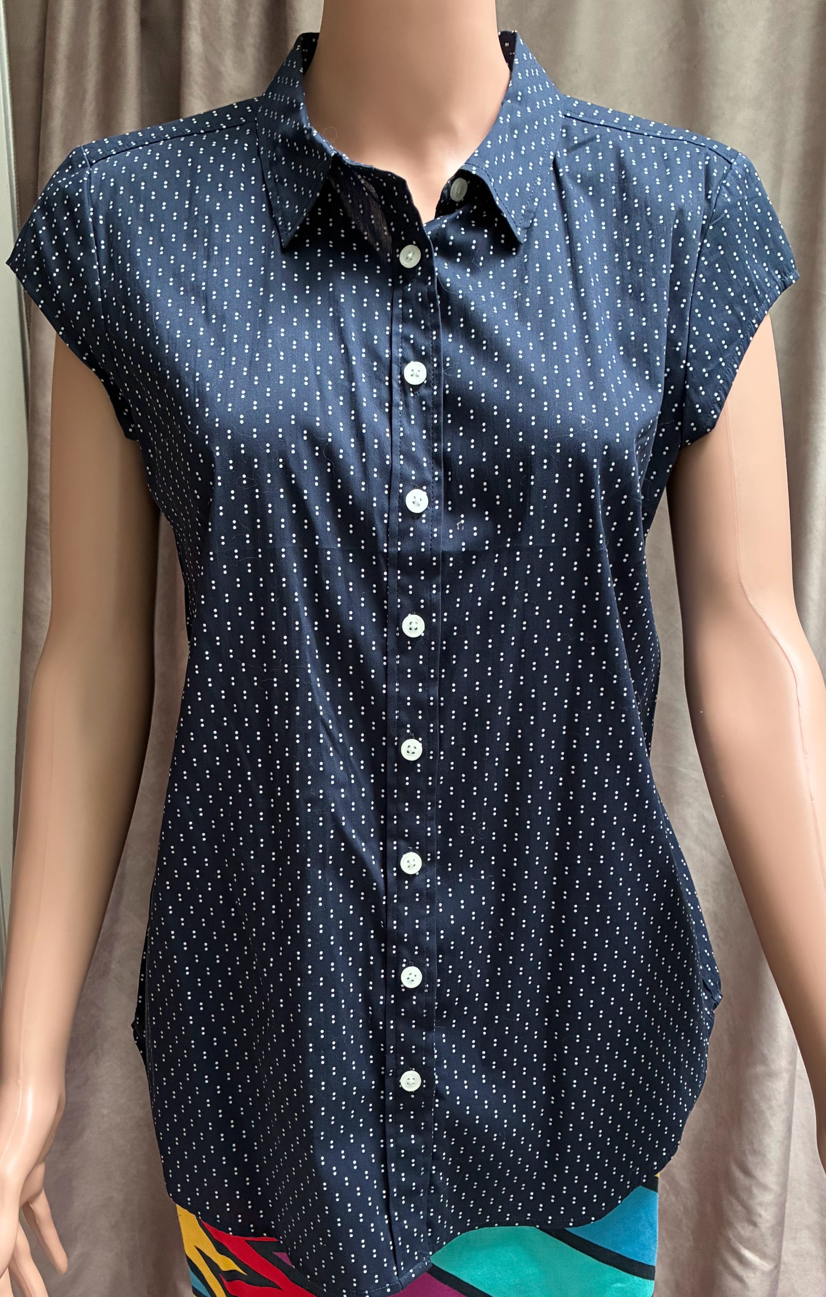 Navy Dot Print Button-Down Blouse — Susina | Size M