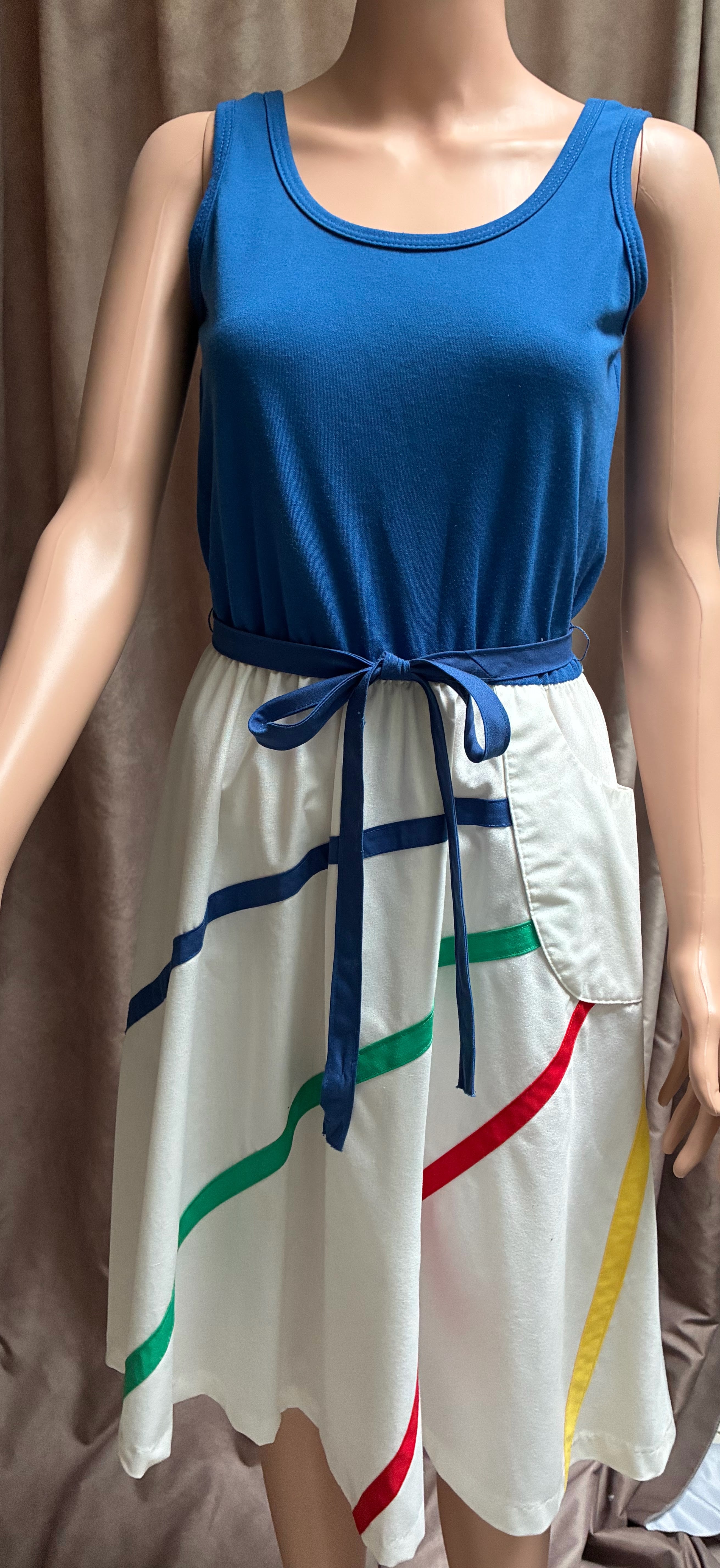 Vintage 1980s Toni Todd Blue Tank Dress with Circle Flare Skirt — Size Medium