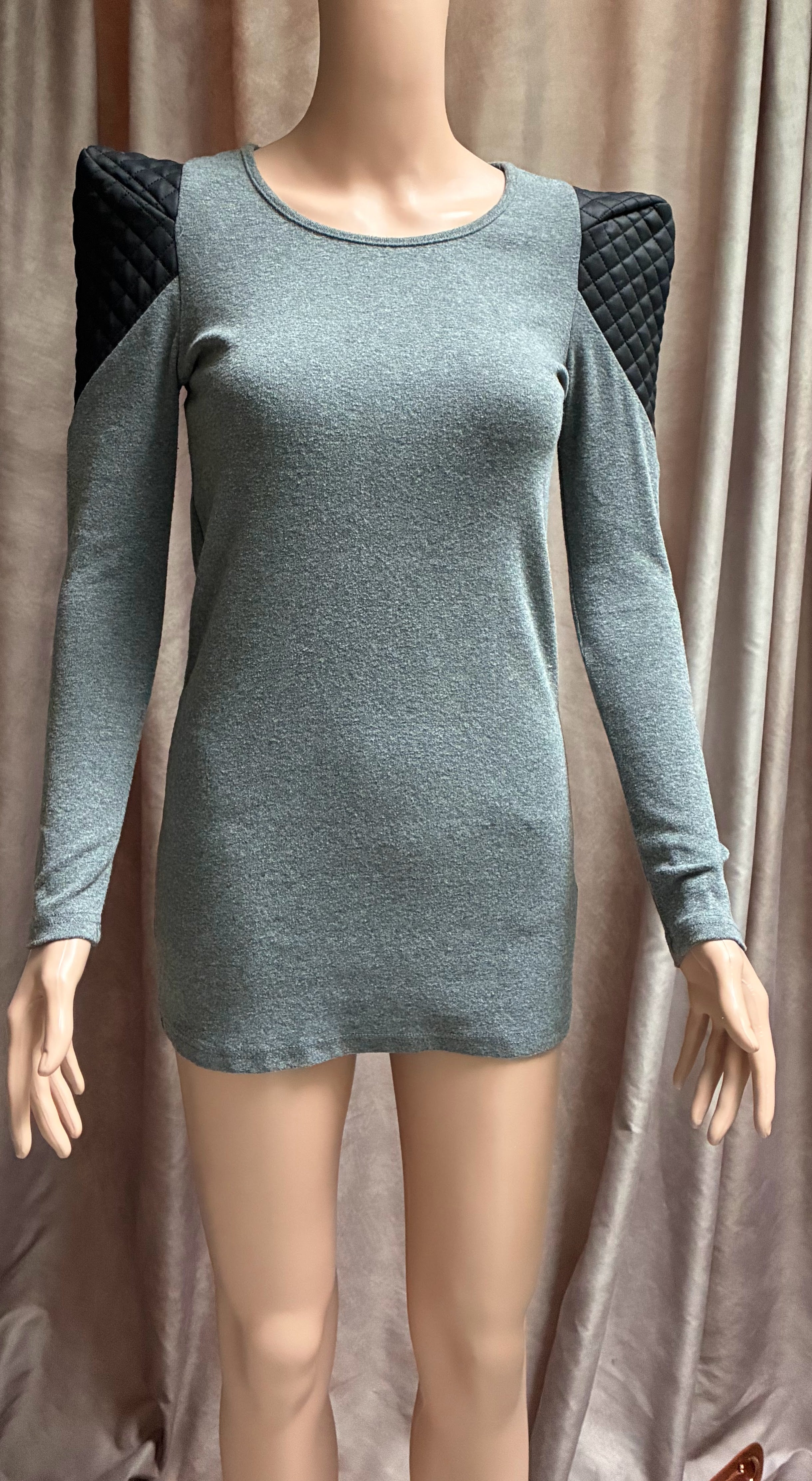 Gray Mini Dress with Quilted Vegan Leather Structured Shoulders