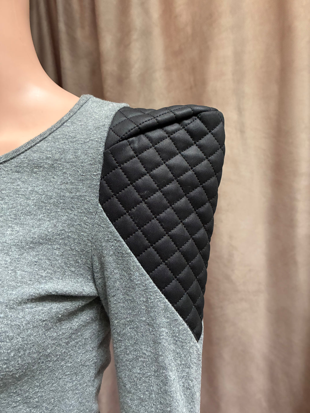 Gray Mini Dress with Quilted Vegan Leather Structured Shoulders