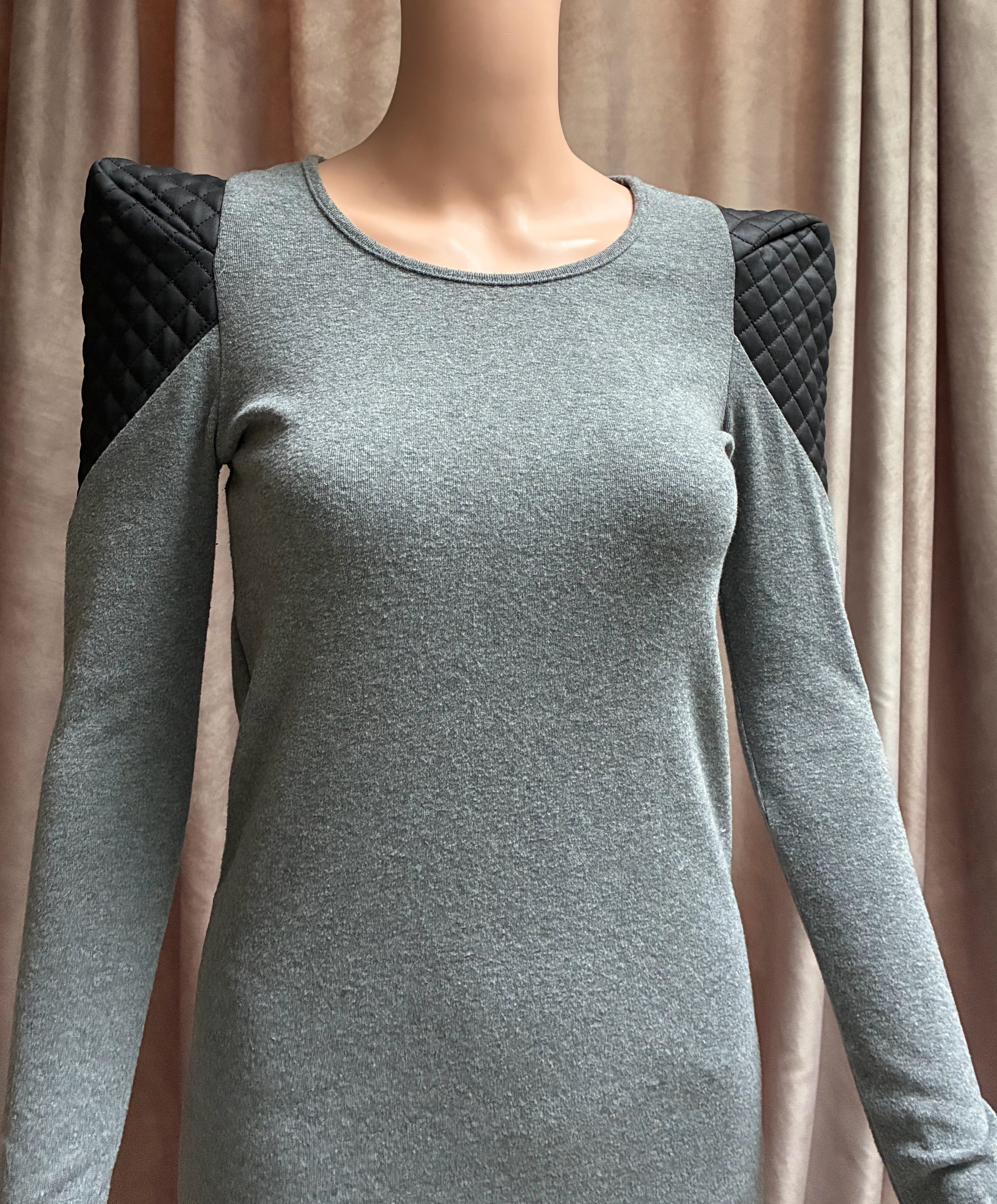Gray Mini Dress with Quilted Vegan Leather Structured Shoulders