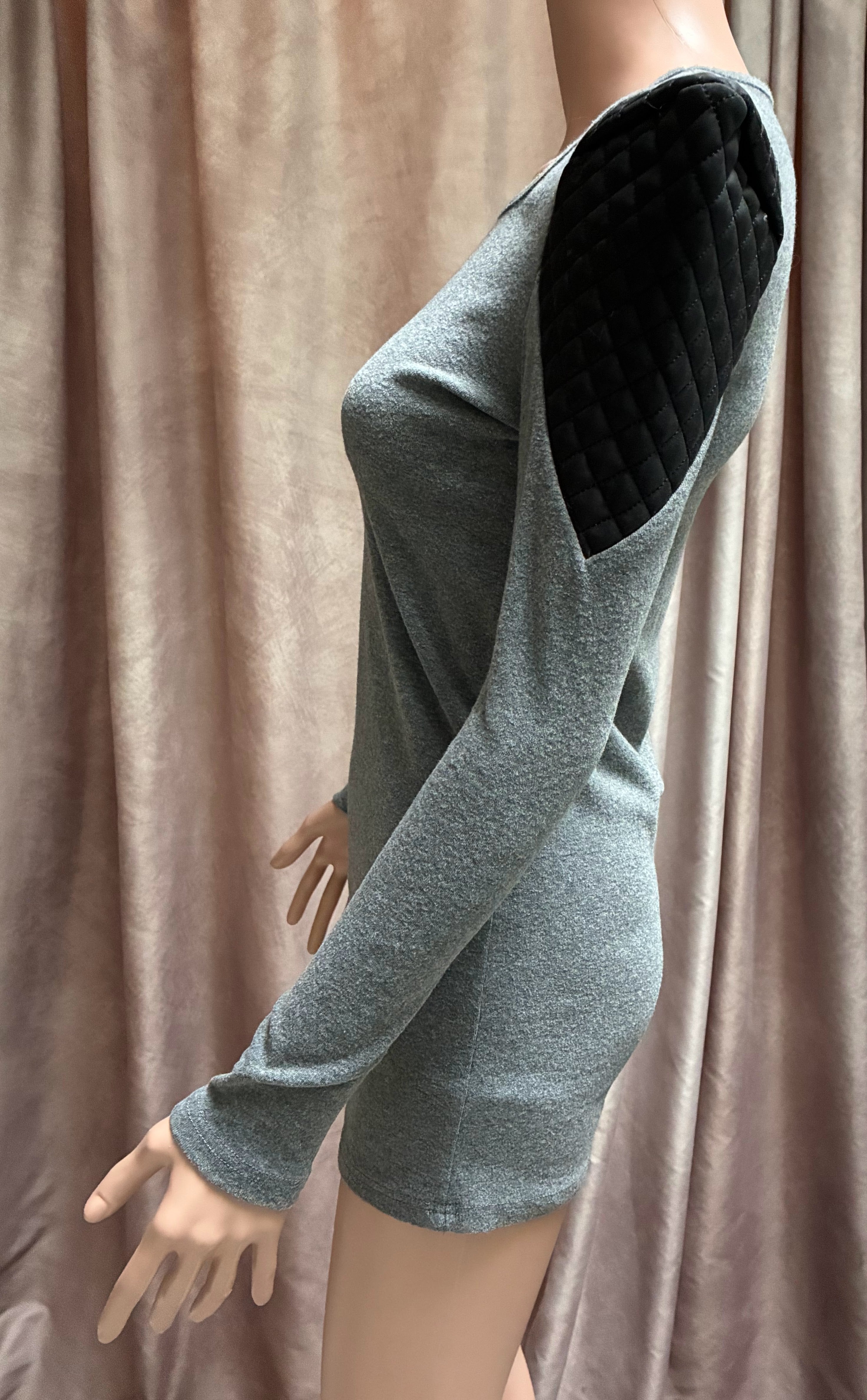 Gray Mini Dress with Quilted Vegan Leather Structured Shoulders