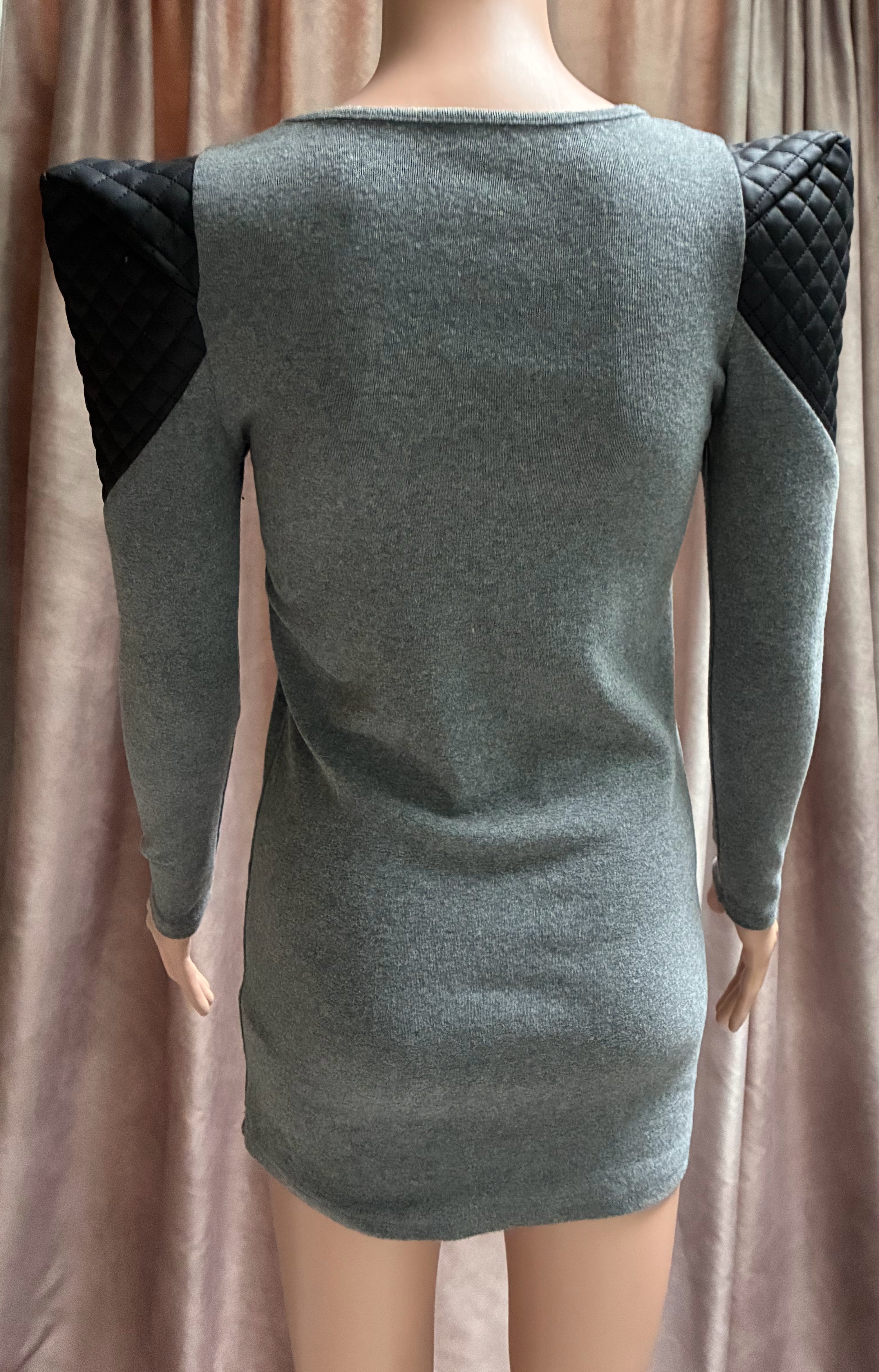 Gray Mini Dress with Quilted Vegan Leather Structured Shoulders