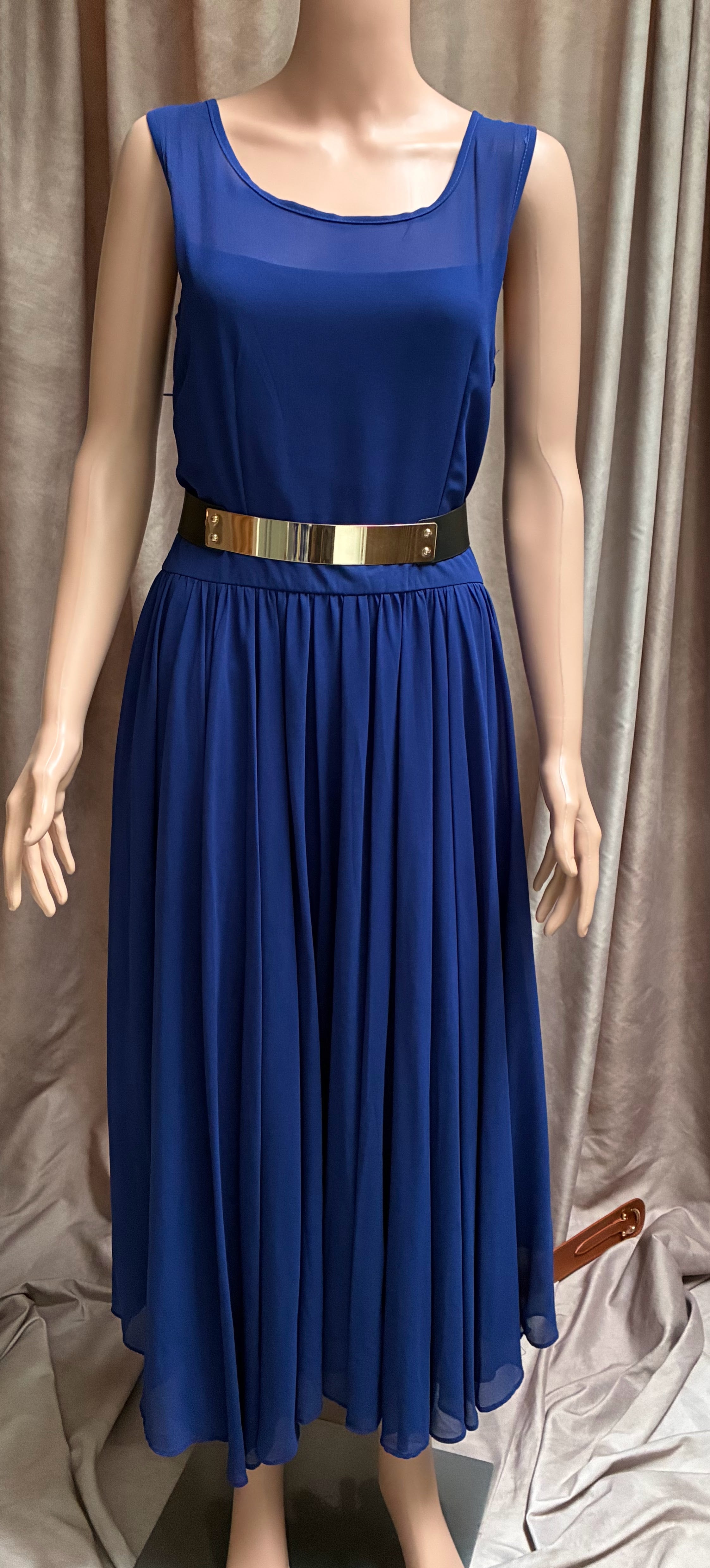 Cobalt Blue 4-Layer Chiffon Midi Dress — 32" Waist