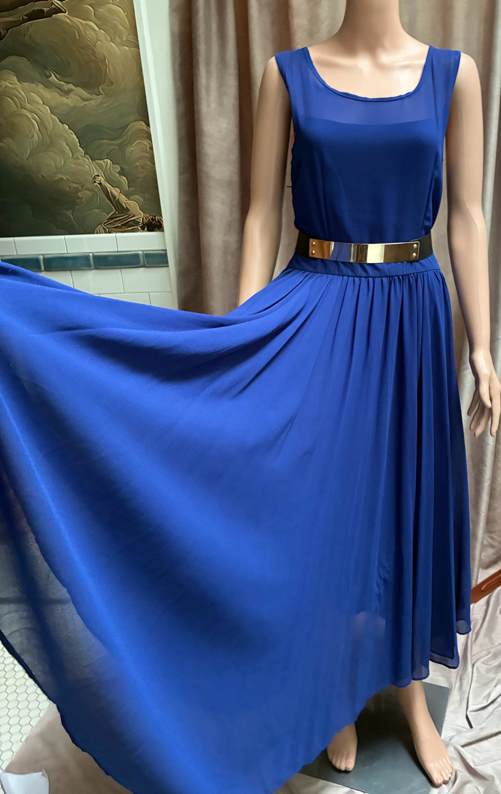 Cobalt Blue 4-Layer Chiffon Midi Dress — 32" Waist