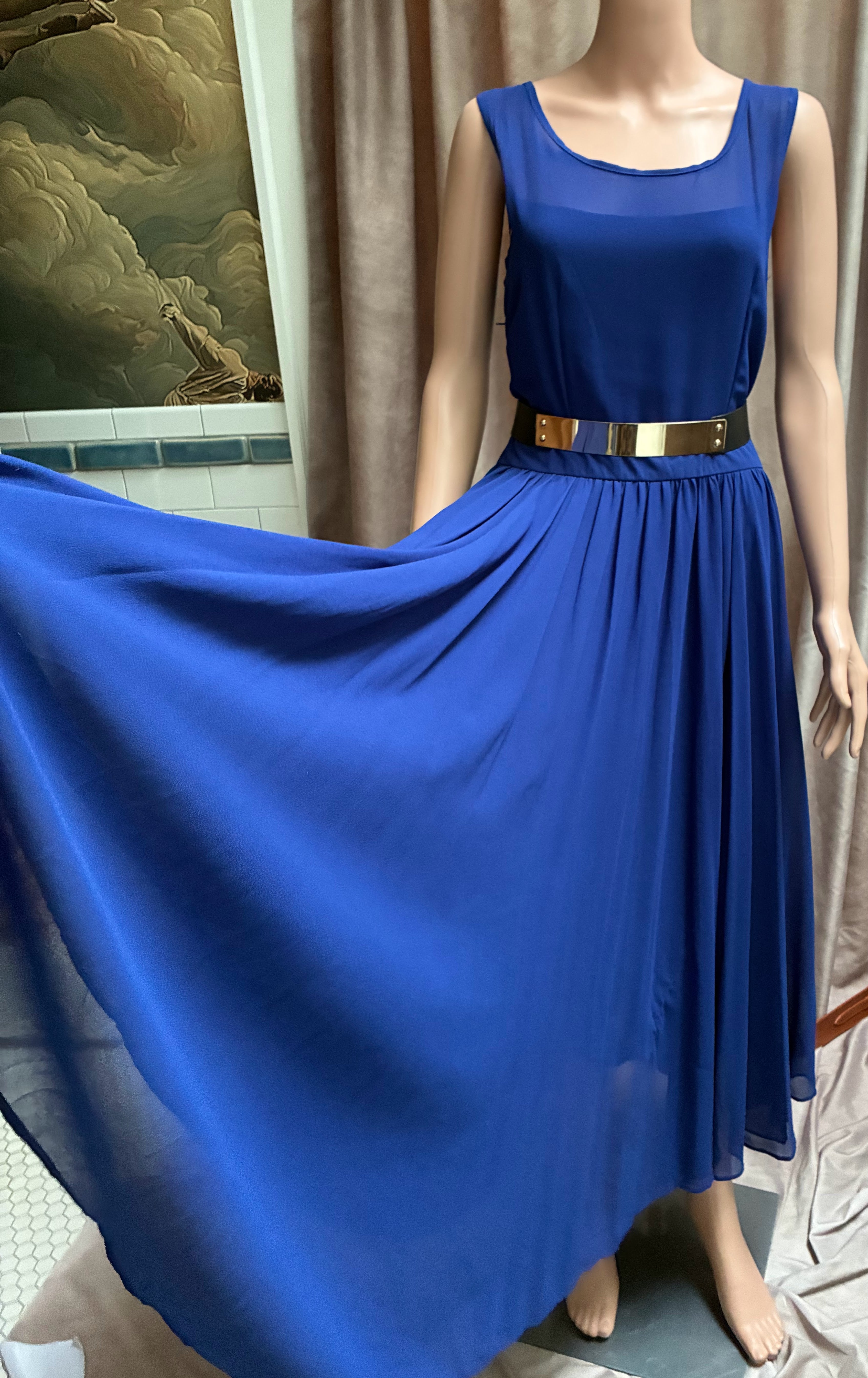 Cobalt Blue 4-Layer Chiffon Midi Dress — 32" Waist