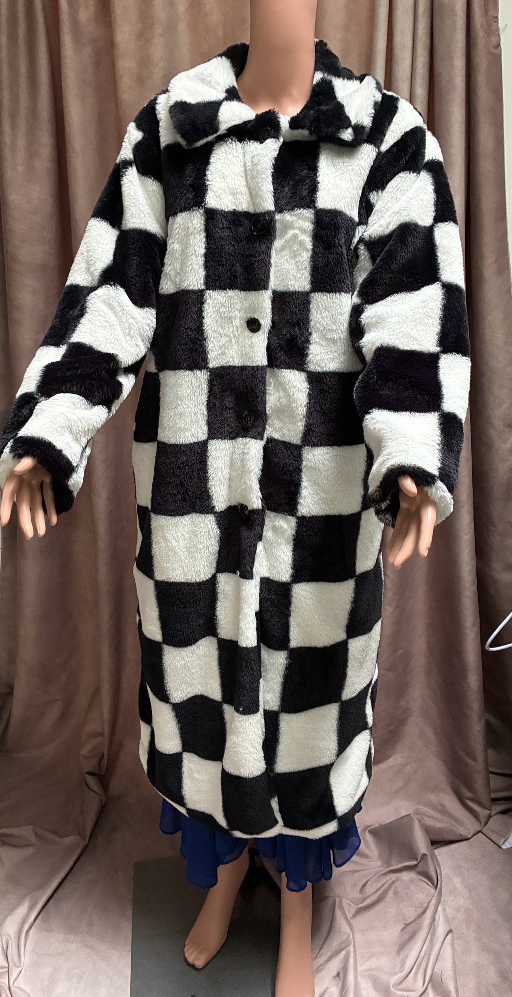 Black & White Checkerboard Faux Fur Coat — Size XL