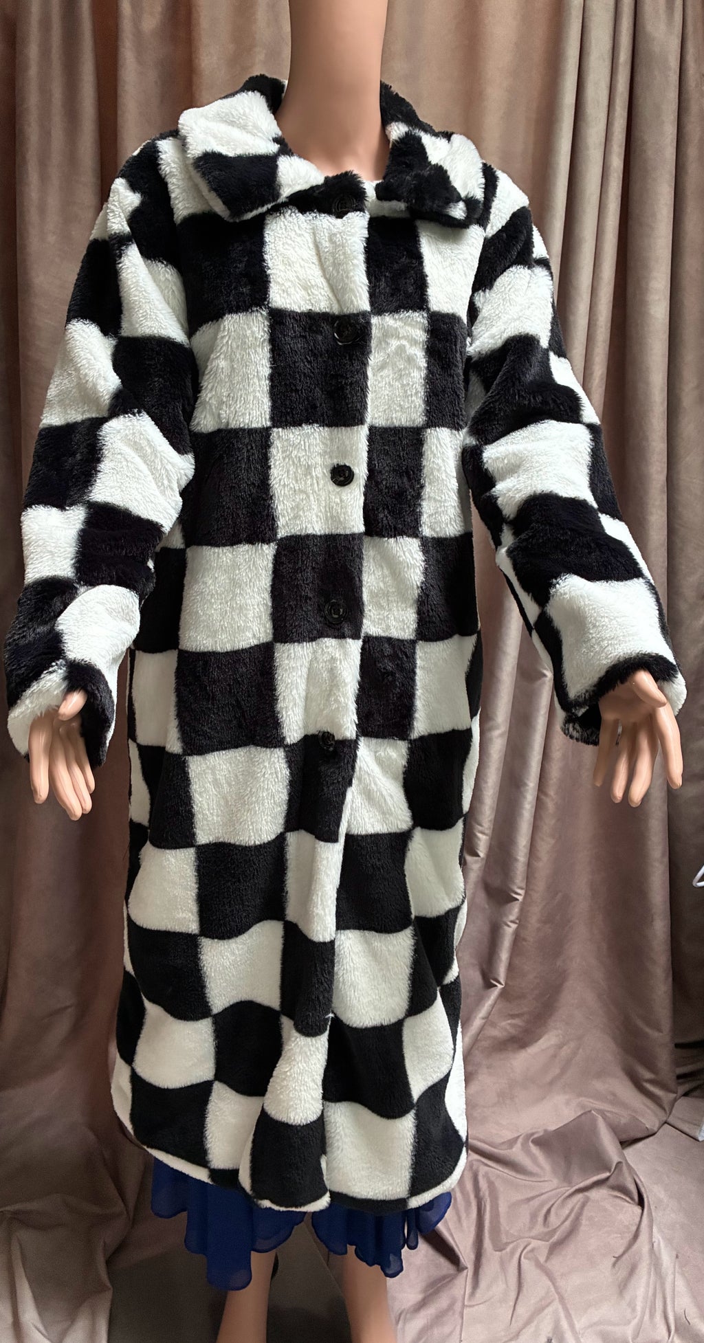 Black & White Checkerboard Faux Fur Coat — Size XL