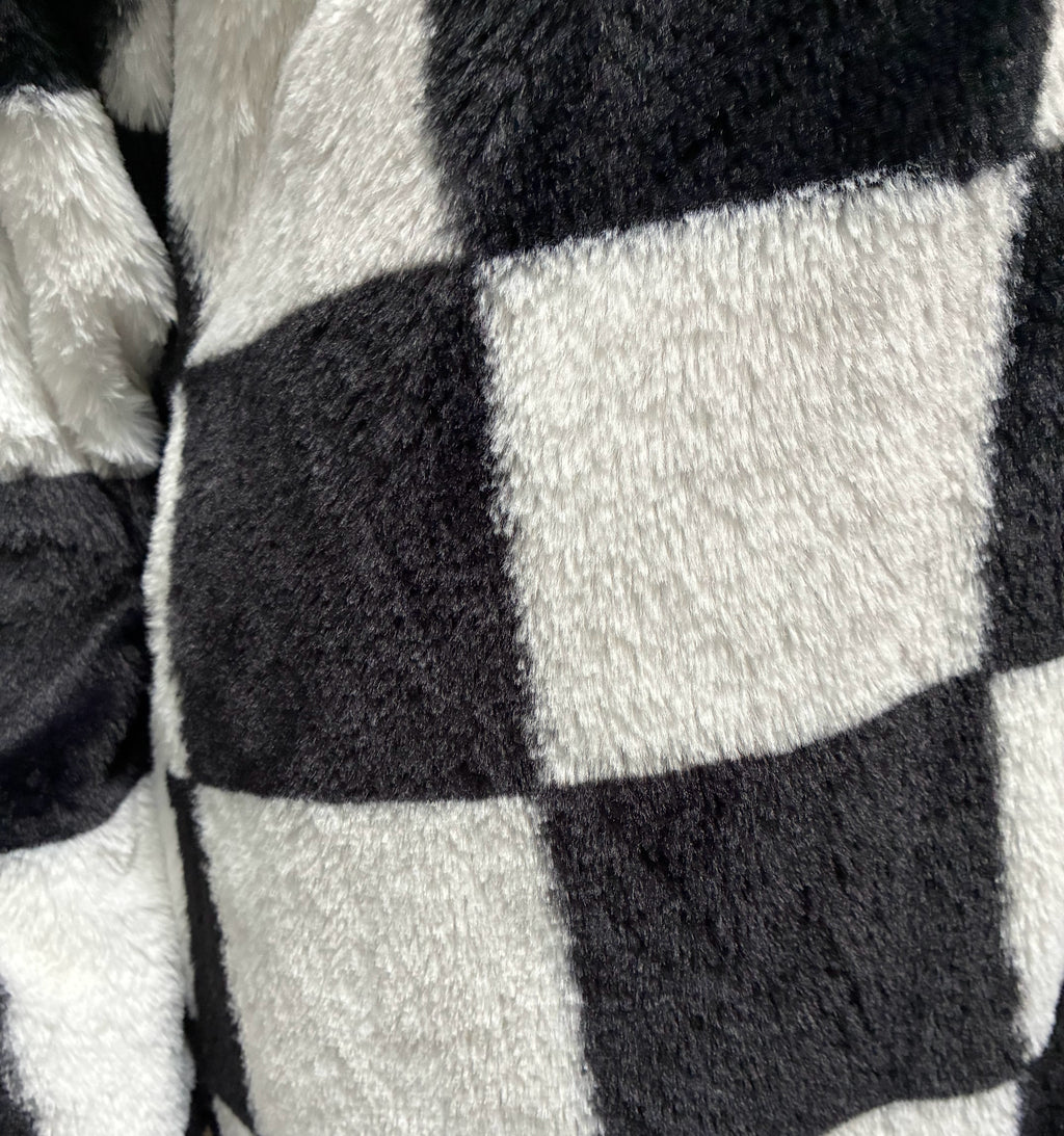 Black & White Checkerboard Faux Fur Coat — Size XL