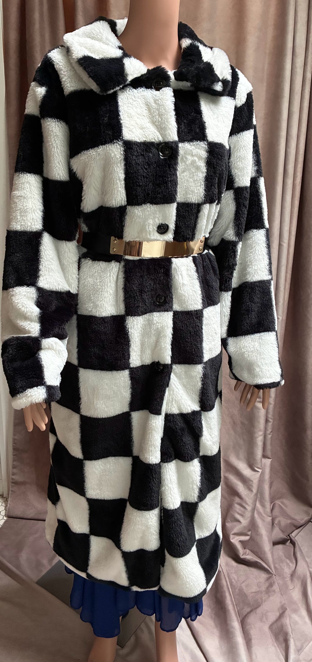 Black & White Checkerboard Faux Fur Coat — Size XL