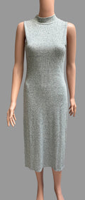 A sleeveless, mock-neck knit dress in a light heather gray-green color, displayed on a mannequin against a draped brown fabric backdrop.